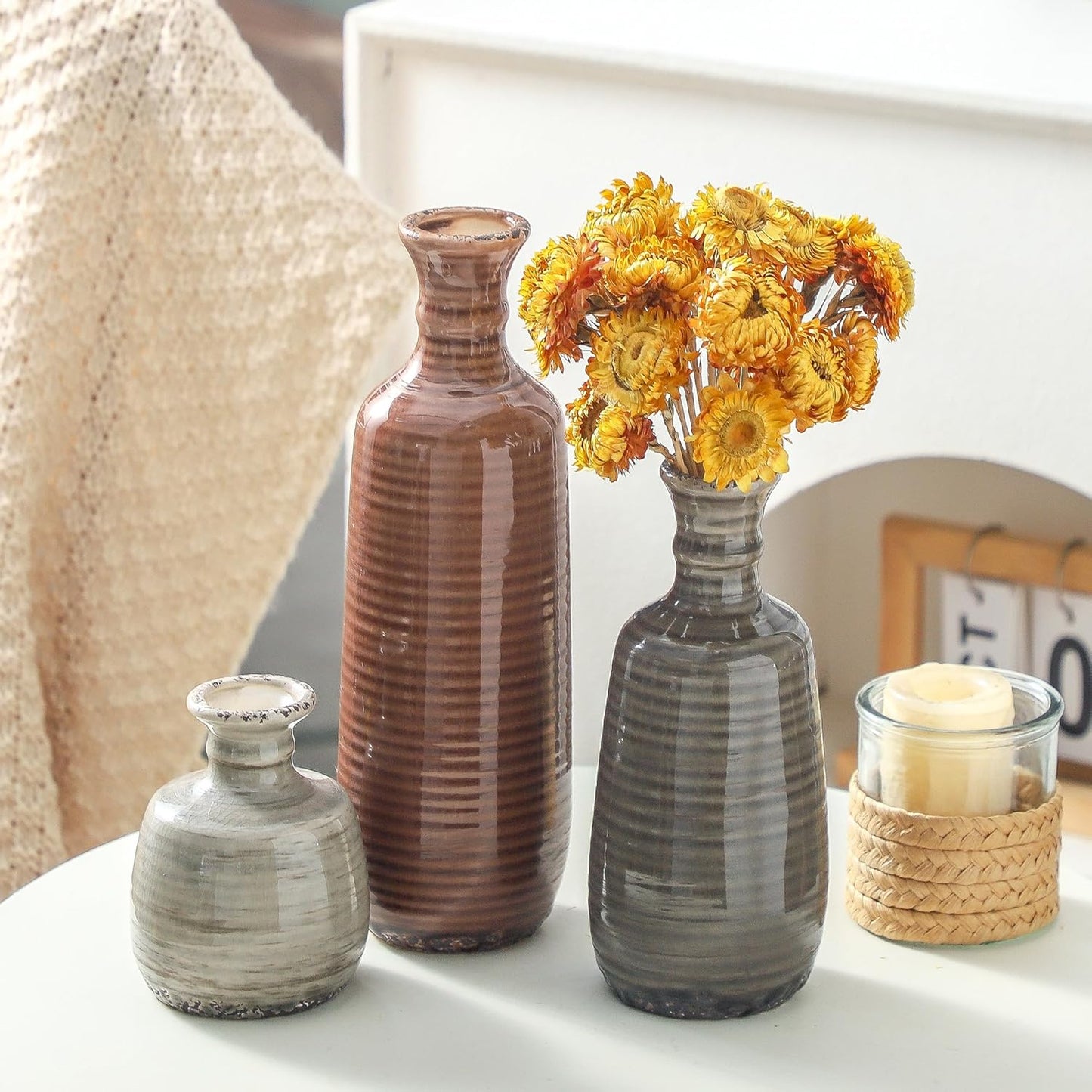 Ceramic Vases Set of 3, Neutral Rustic Farmhouse Vases Home Decor Decorative Flower Vase Modern Boho Pampass Vase for Table Mantel Entryway Shelf Living Room Kitchen Bathroom - Brown