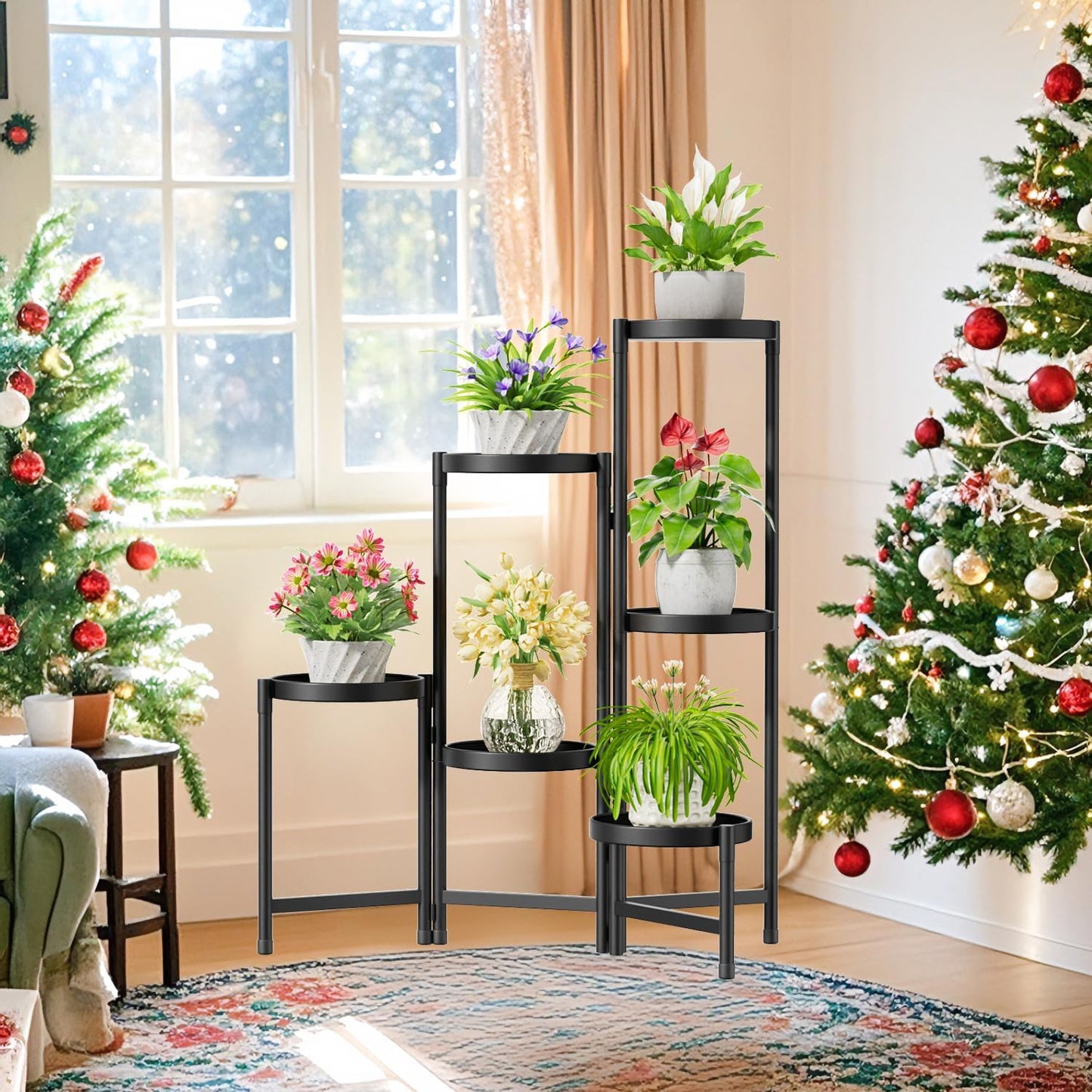 iDavosic.ly Plant Stand Indoor Outdoor, 6 Tier Corner Metal Flower Display Holder Shelf, Folding Tall Orchid Rack for Patio Balcony Porch Garden Living Room House, Black