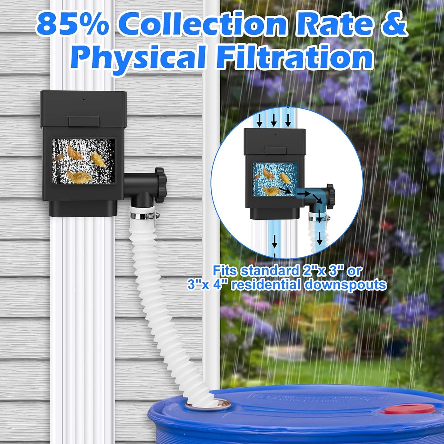 WADEO Rainwater Collection System, Downspout Diverter Fits for 2"x 3" or 3"x 4" Residential Downspouts, Rain Barrel Diverter Kit with Adjustable Valve and Filter, 5FT Hose, Black