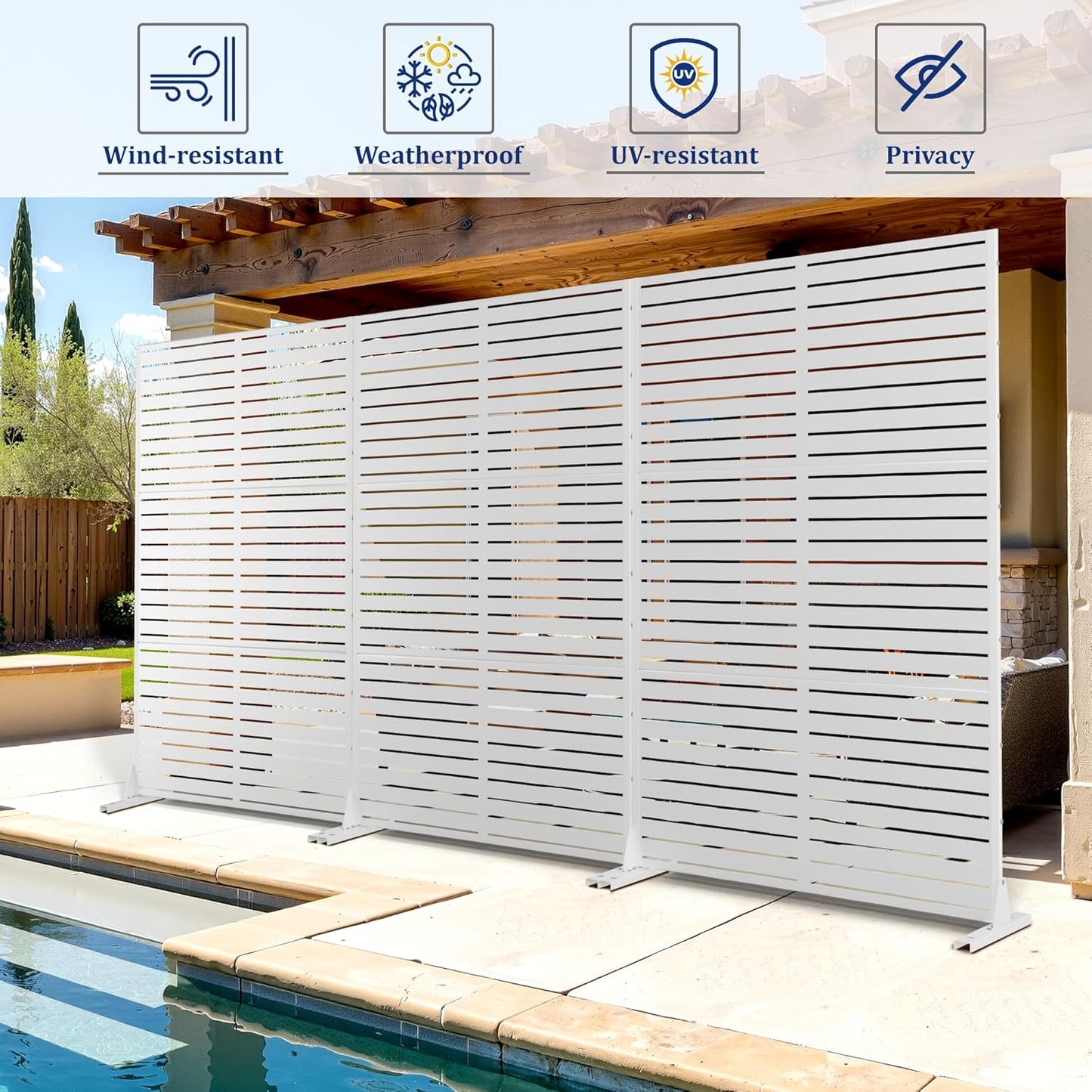 FENCY Outdoor Privacy Screen, 72" H×47" W Metal Privacy Screen, Outdoor Freestanding Privacy Screen & Panels for Deck Patio Balcony(White-Louvered)