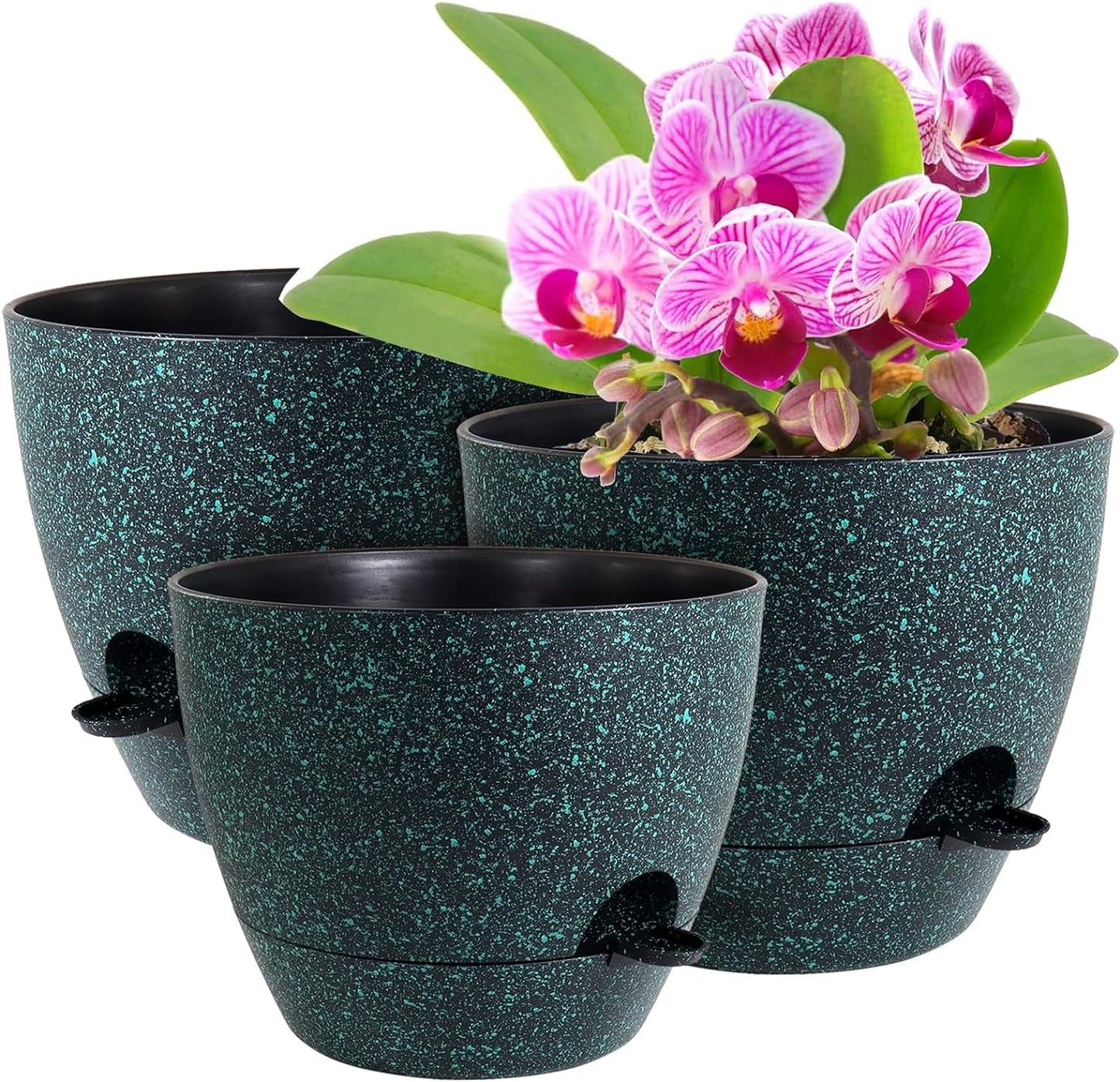 12/10/9 inch Large Self Watering Pots, Planter, Plant Pots with Mesh Drainage Holes for Indoor Outdoor Garden Plants, Plastic Flower Pots with Deep Reservoir, Black with Green Speckles