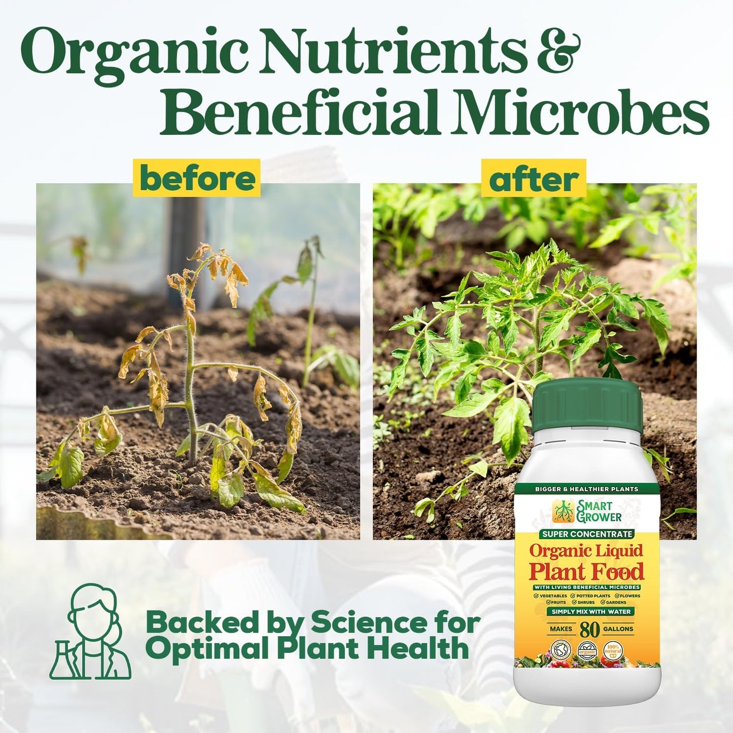 Organic Liquid Plant Food for Indoor Plants & Gardens, Natural NPK Fertilizer w/Beneficial Microbes, Rapid Results, Vegan, Best Value Super Concentrate, Smart Grower, Makes 80 Gallons (16 Fl Oz)