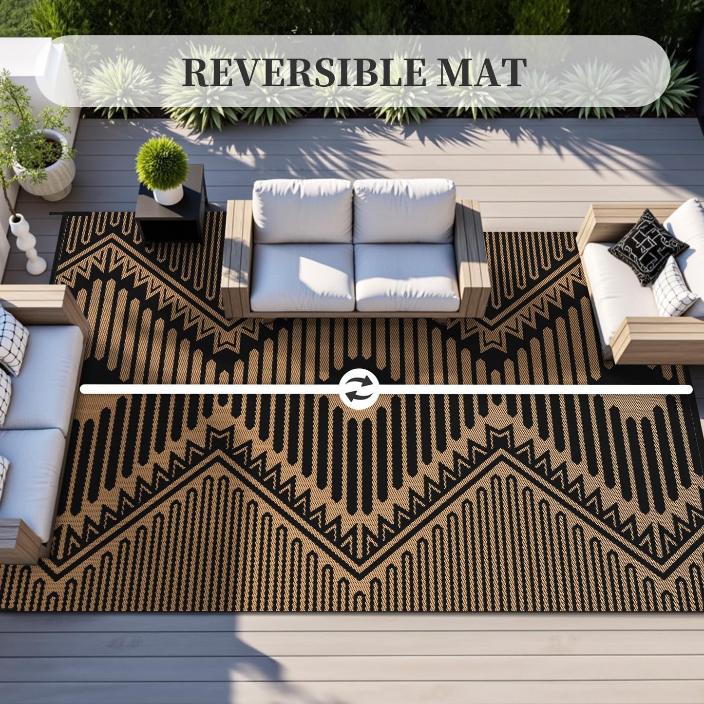 MontVoo Outdoor Rug-Waterproof Patio Rug Mat 5x8 Outdoor Carpet Mat Reversible Plastic Straw Outside Outdoor Rug for RV Camping Picnic Balcony Backyard Pool Deck Porch Modern Boho Black Brown