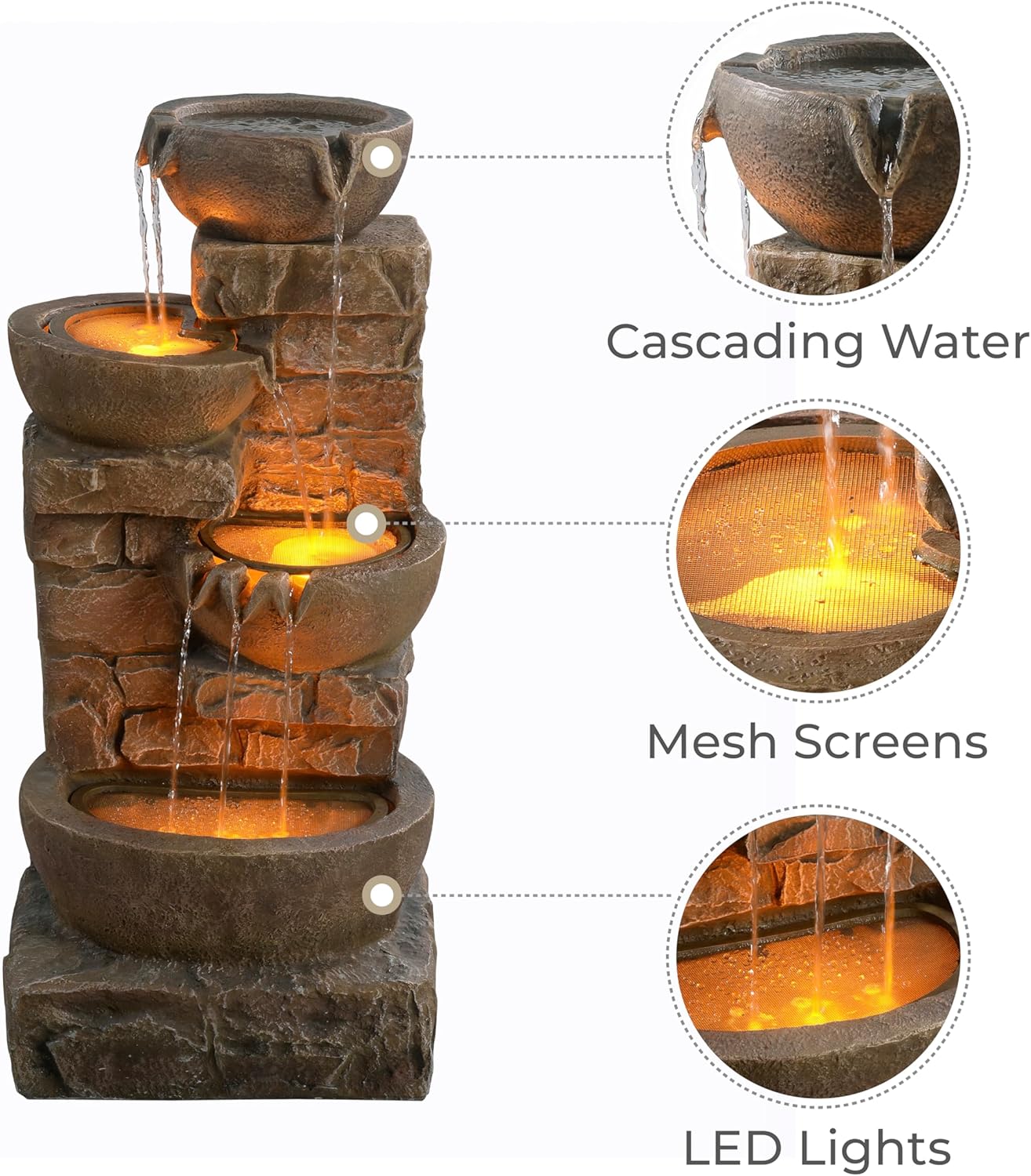 Teamson Home 33.27" Outdoor Freestanding Water Fountain with LED Lights, Cascading Bowls & Stacked Stones, Floor Fountain for Patio, Garden, Balcony, Lawn, Yard Decor, Brown Polyresin