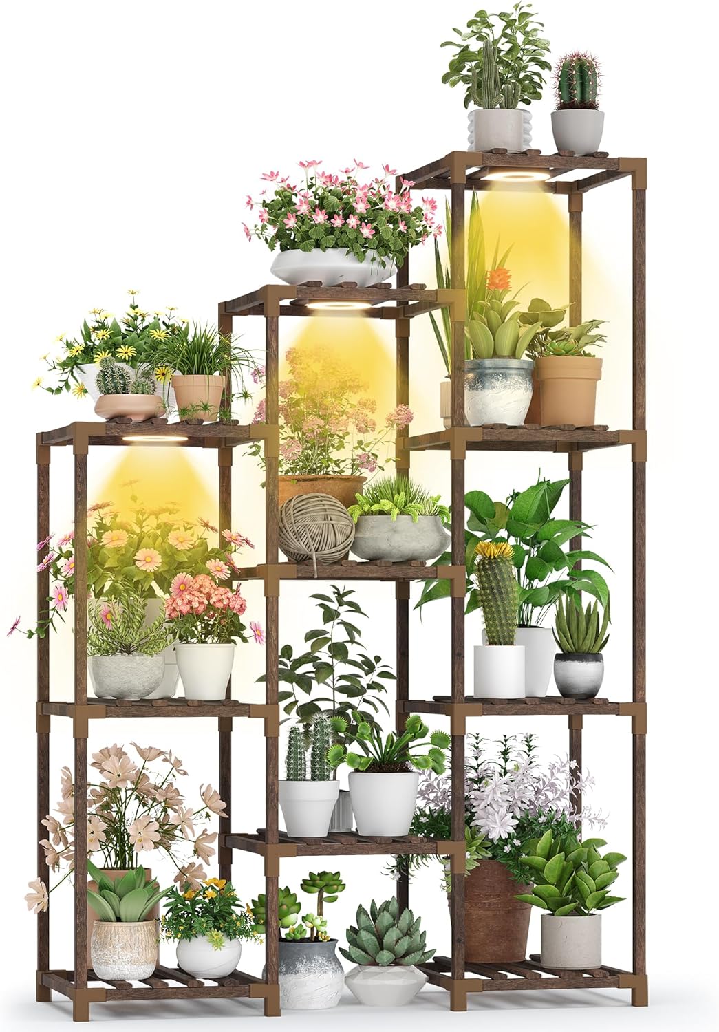 Wooden Plant Stand Indoor with Grow Light, 4-Tier Ladder Plant Shelf for Balcony, Living Room, or Corner | Carbonized Wood Plant Holder for Indoor Use, Space-Saving Design