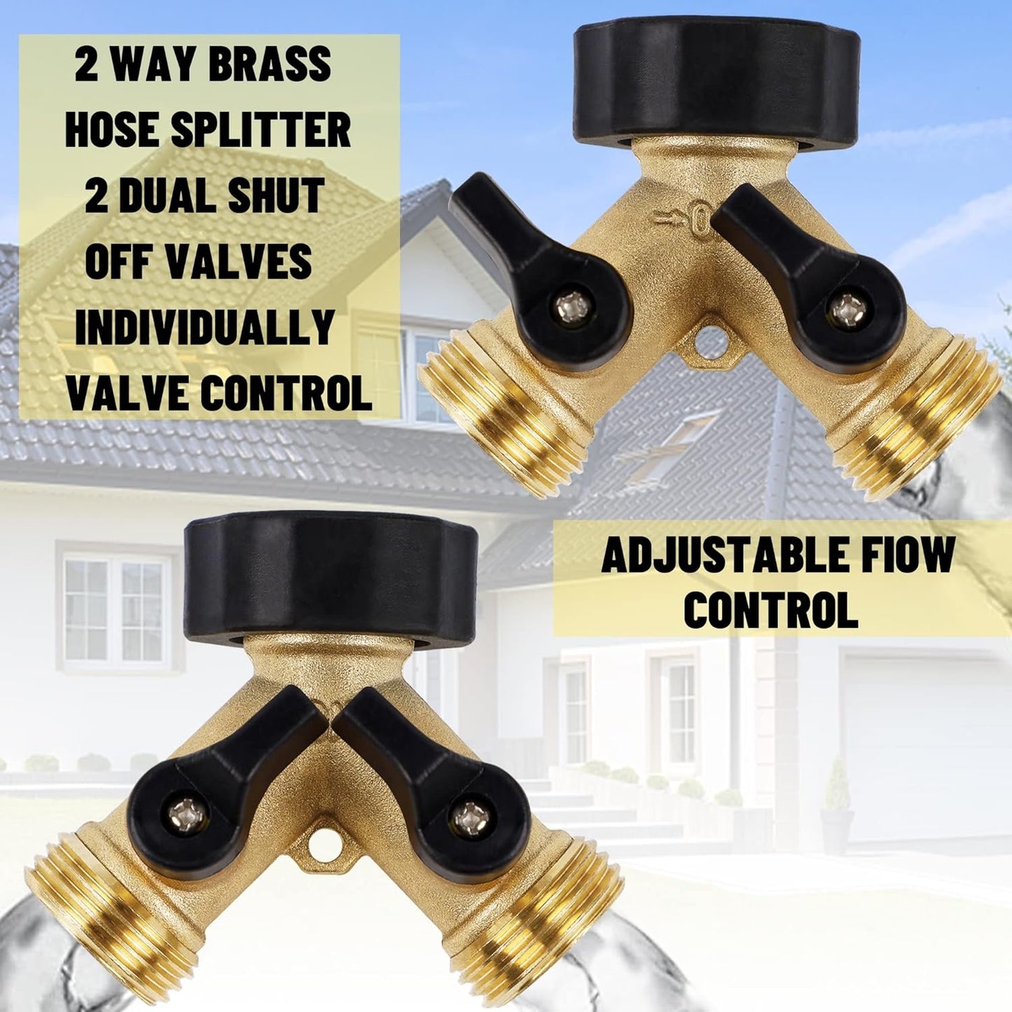 Biswing 2 Pack Garden Hose Splitter 2 Way, Heavy Duty Brass Connector Tap Splitter, Y Splitter 2 Valves with 4 Extra Rubber Washers