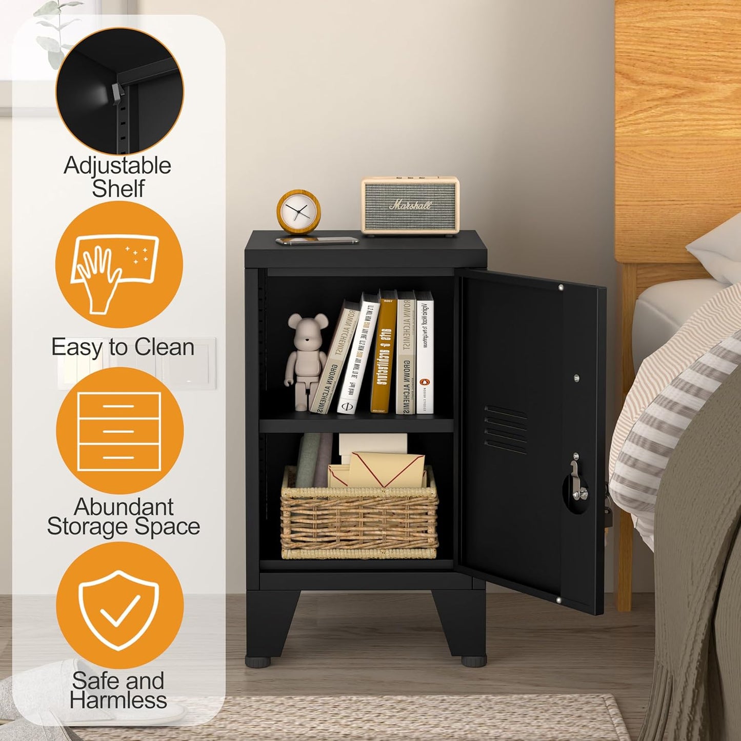 24.4" H Black Metal NightStand Locker Storage Cabinet with 1 Doors, File Cabinet with Shelves, Storage Cabinet with Adjustable Leveling Foot for Home Office Living Room or Bed Room