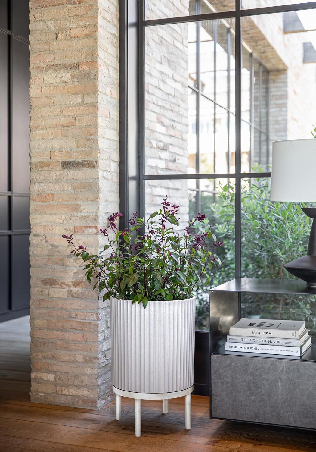 Veradek Demi Series Round Planter w/Stand for Porch/Patio | Durable Plastic-Stone Composite & Wooden Stand | Modern Décor for Tall Plants, Flowers