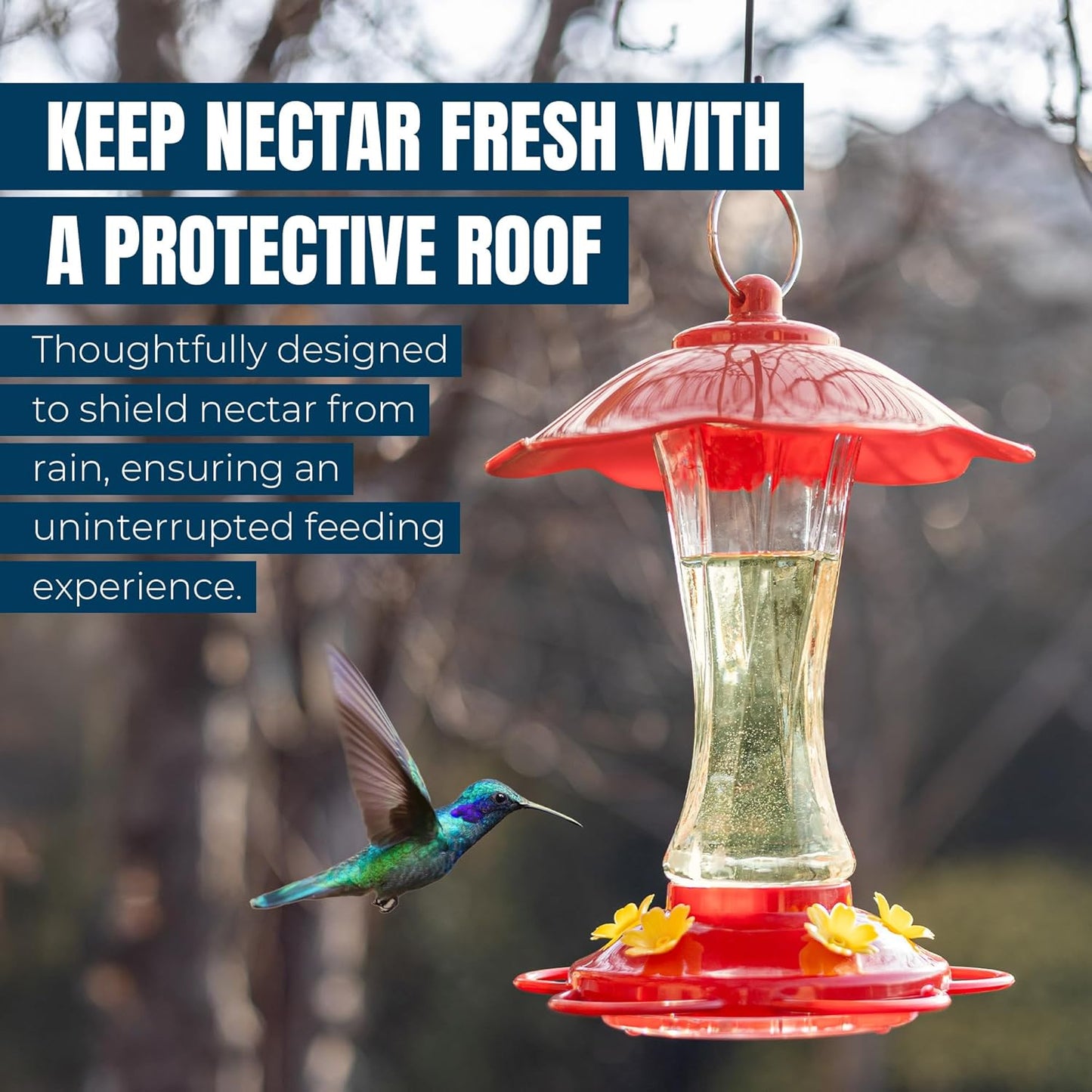 MEKKAPRO Hummingbird Feeders for Outdoors Glass - Red Hummingbird Feeders for Outdoors, Metal Ring, Bee-Proof Design, Easy Assembly, Red Hummingbird Feeder 10 oz (2-Pack)