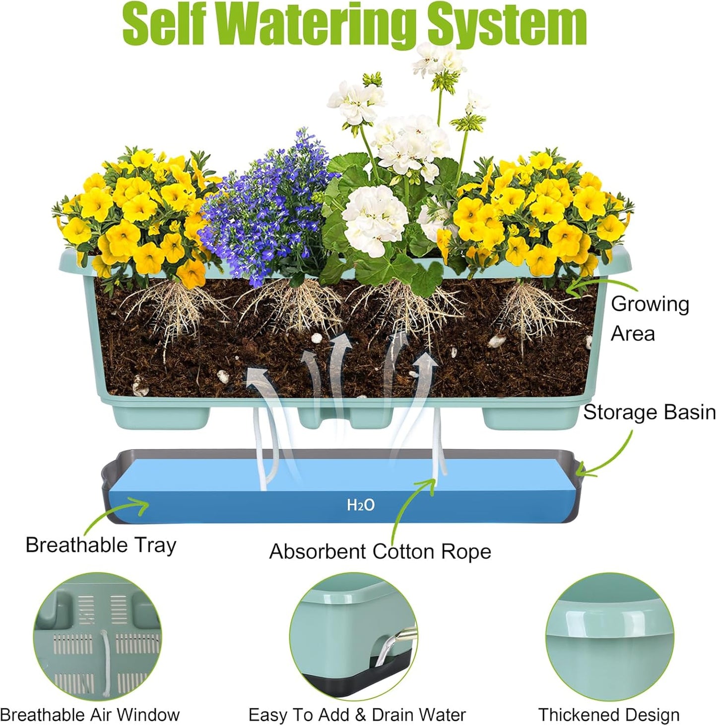 Window Box Planter 6 Pcs, 18 Inches Rectangle Flower Pots with Drainage Holes and Trays, Vegetable Planters for Windowsill Patio Garden Balcony Home Porch Yard Indoor Outdoor (Green, 18*10*6 inch)