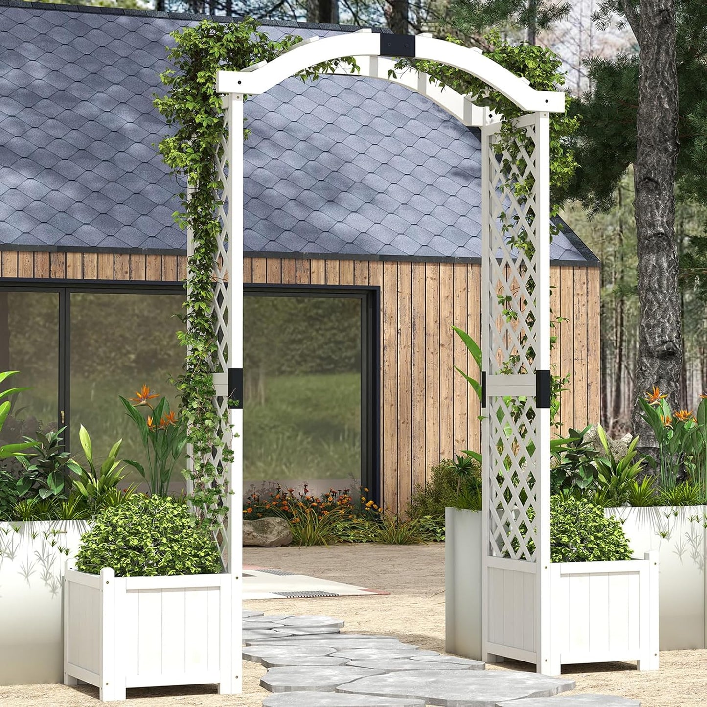 Giantex Garden Arbor with Planter Boxes, Wooden Arch with Trellis and Raised Garden Bed for Climbing Vine Plants Vegetables Herbs, Decorative Arbor Archway for Wedding, Ceremony, Party (White)