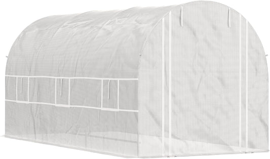 Outsunny 15' x 7' x 7' Walk-in Tunnel Greenhouse, Large Heavy Duty Garden Hot Green House Kit with 6 Roll-up Windows & Roll Up Door, Steel Frame for Garden Plants, White