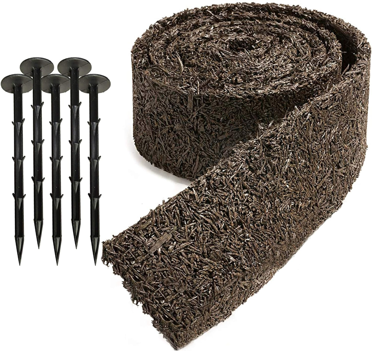 Black Rubber Mulch Border for Landscaping, 10', 120” x 4.5” Roll, Natural-Looking Permanent Garden Barrier for Plants, Vegetables, and Flowers, Recycled and Sustainable, 15 Plastic Anchors Included