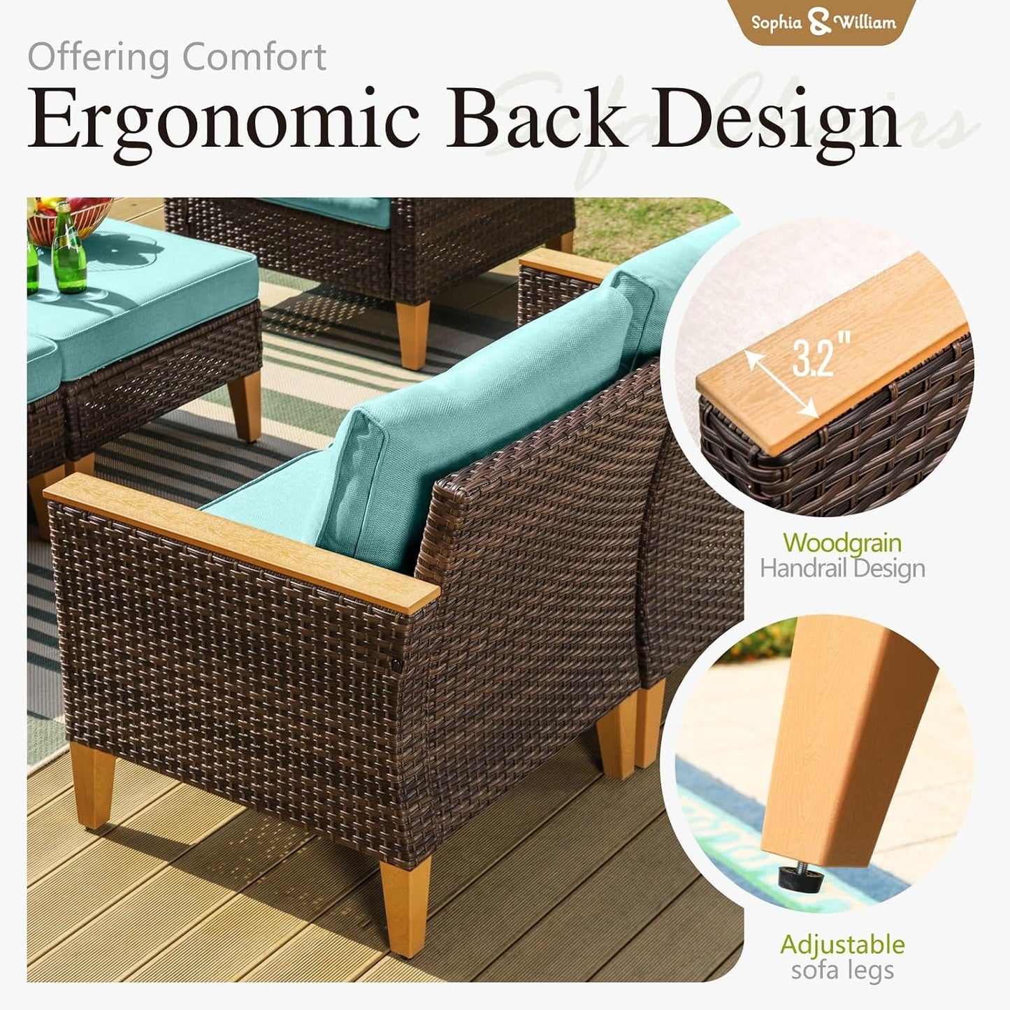 Sophia & William Patio Furniture Set, 5 Piece Half Moon Outdoor Wicker Sectional Sofa Set, Rattan Conversation Set for Backyard, Deck, Pool(Aqua Blue)