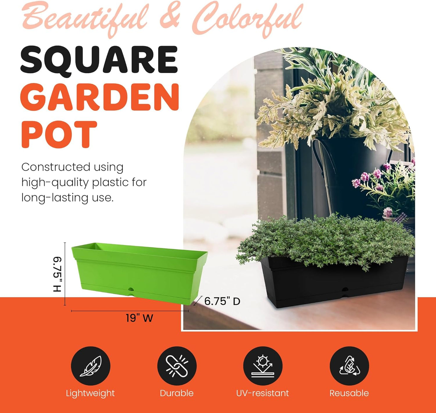 Mintra Window Box Planter, Window Planter Box for Indoor Outdoor Use, Rectangular Pots with Saucers & Drainage Holes, Decorative Plant Pots for Window Sill, Shelf, Desktop, 19" Wx6.75 H, Coral