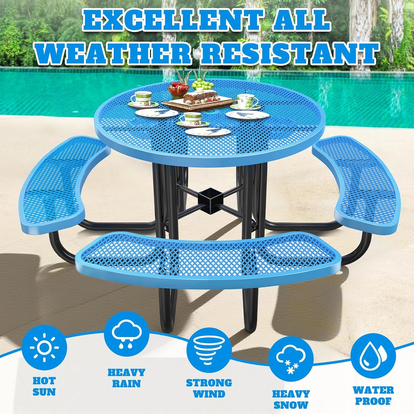 Heavy-Duty Park Bench or Table for Outside - Black Coated Outdoor Furniture Steel Bench, Commercial-Grade Outdoor Benches Weatherproof for Park, Patio, Porch (Blue, 46” (Rd. Table))