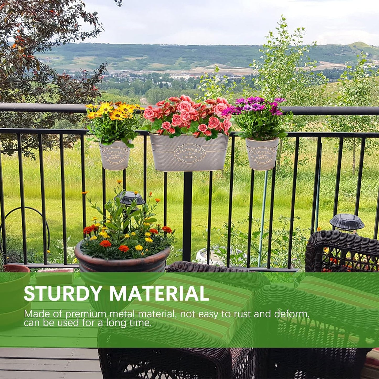 PerGar Vintage Metal Iron Wall Hanging Flower Pots, Rustic Planter Bucket Herb Flower Plant Holder with Detachable Hooks & Drainage Hole for Railing Fence Balcony Deck Garden Home Decoration, Set of 3