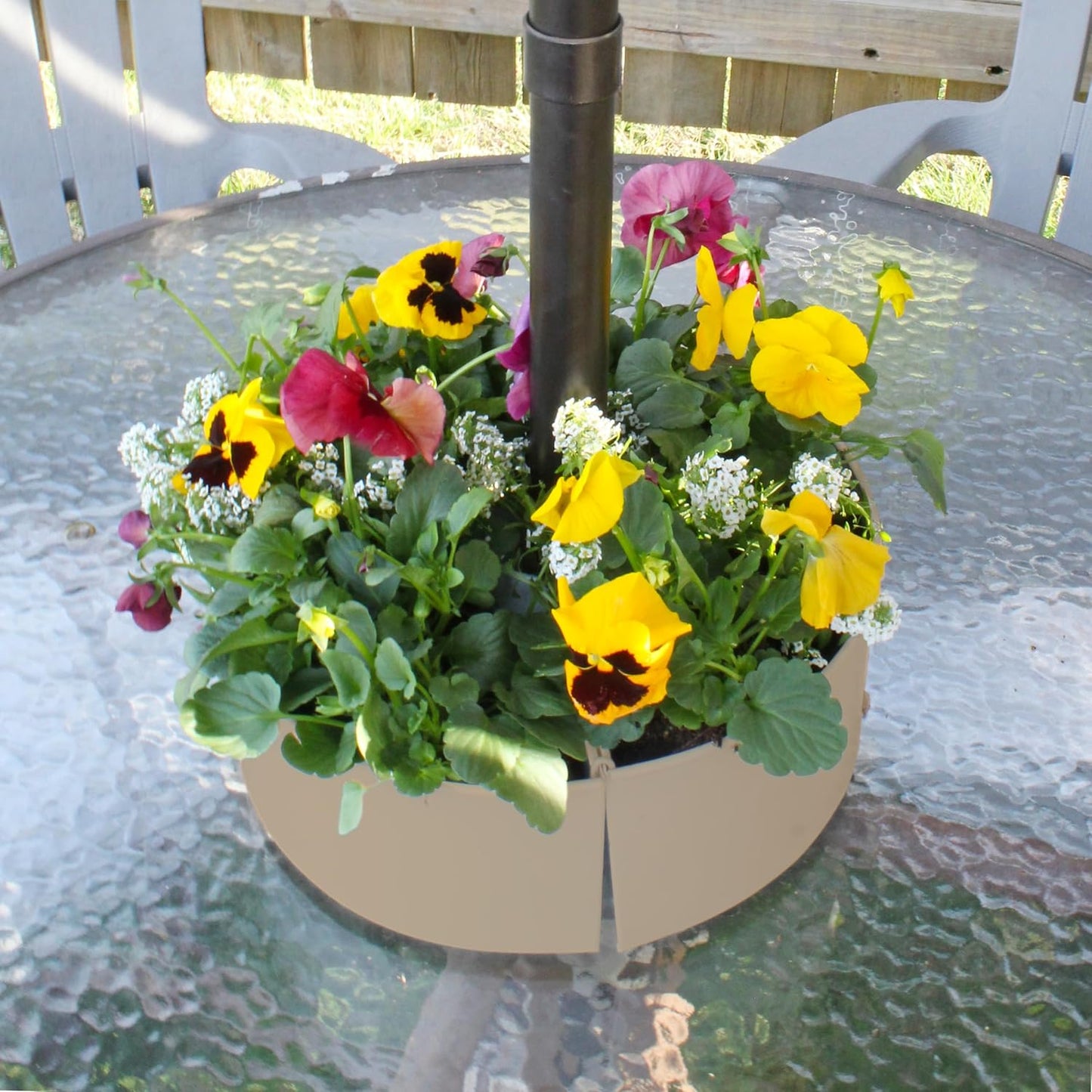 AuldHome Design Umbrella Planter for Patio Table (Beige/Greige), w/Umbrella Hole, Enamelware Half-Circle Planter Pots