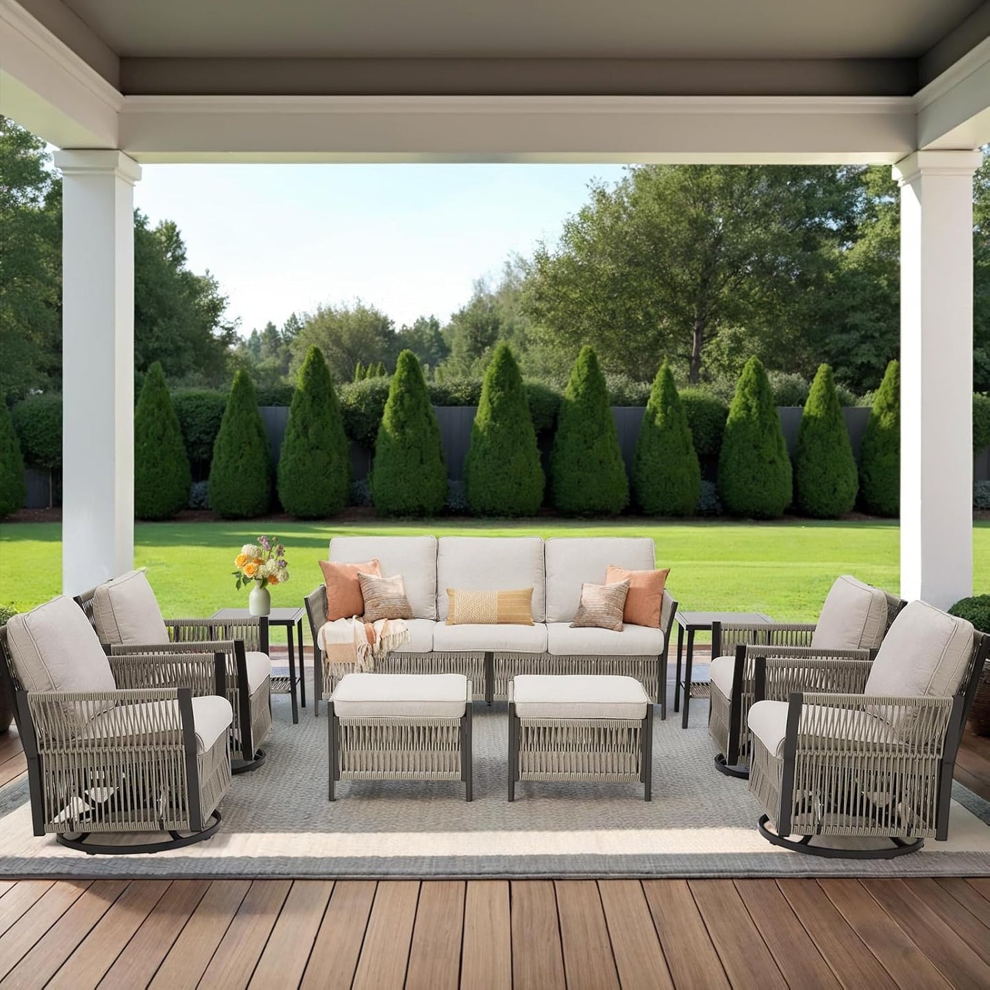 Patio Furniture Wicker Outdoor Conversation Set, 9-Piece All Weather Patio Furniture Rattan Sofa Sets w/Swivel Rocking Chairs & Ottomans, Side Table for Backyard, Balcony, Deck, Beige