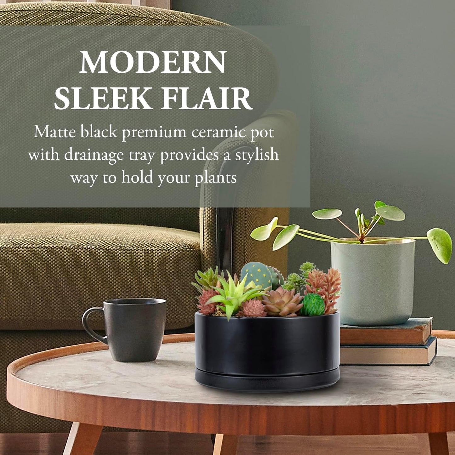 MyGift 8 Inch Black Ceramic Succulent Planter Pot - Decorative Flower Plant Bowl with Removable Saucer