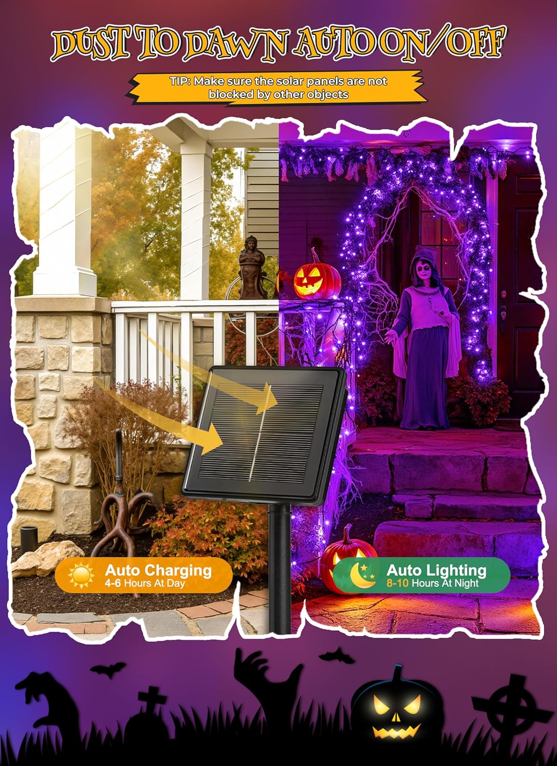 Brightown 4 Pack Halloween Solar String Lights, Total 184FT 480 LED Solar Lights Outdoor Waterproof Black Wire with 8 Modes, Solar Fairy Light for Garden Yard Patio Party Decors, Purple