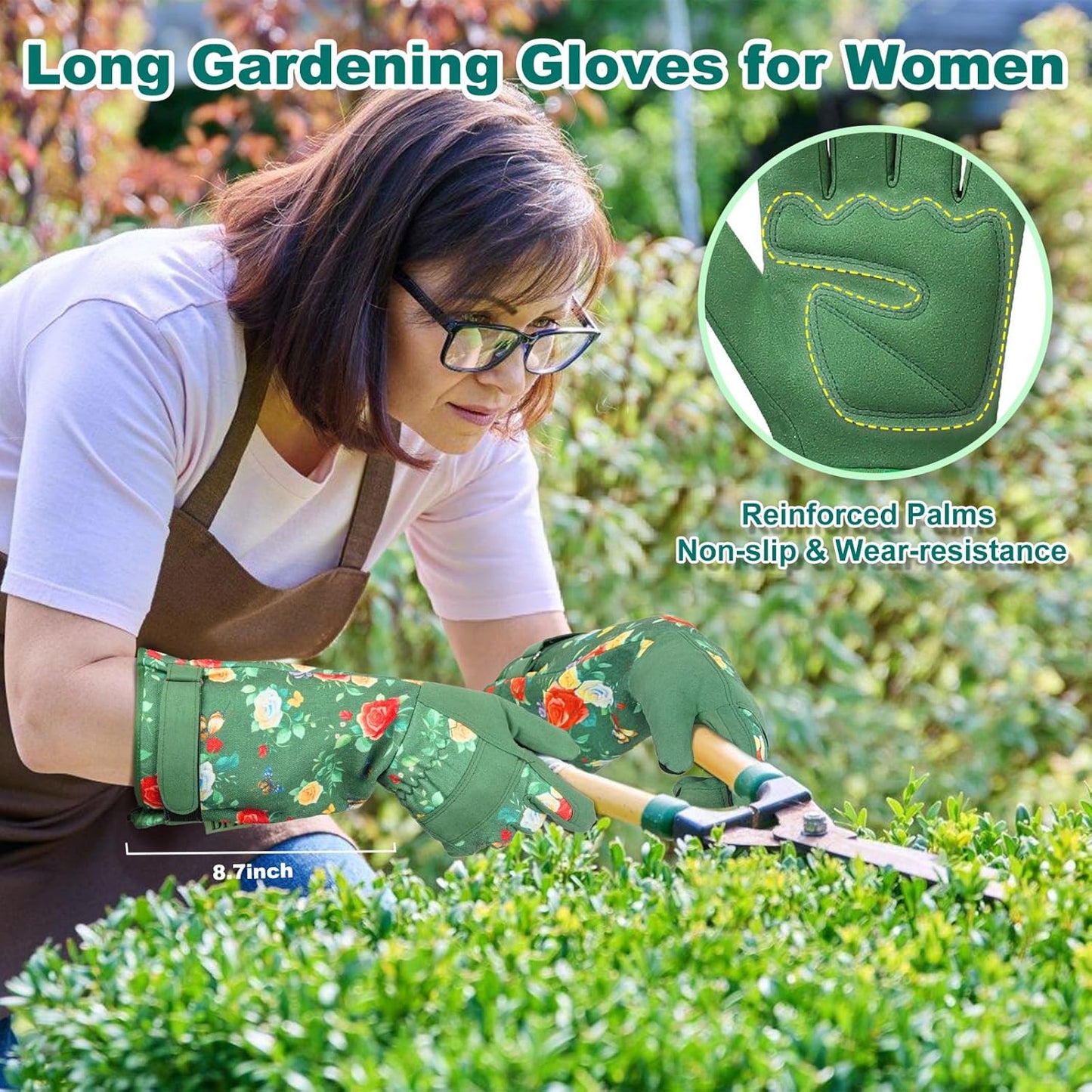 DLY Gardening Gloves,Leather Rose Gloves,Women's Long Glove for Gardening Work and Yard Work,Durable and Comfortable(Small, Green
