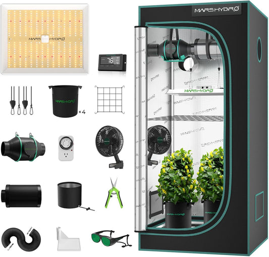 MARS HYDRO 3x3 Grow Tent Kit with Temperature Humidity Controller,150W TS1000 LED Grow Light,32"x32"x63" 1680D High Reflective Mylar,4 inch Customized Ventilation System,10 Speed Grow Tent Fan