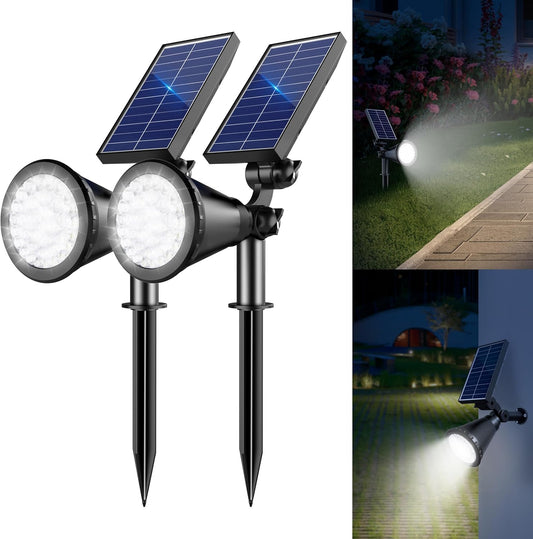 Solar Lights Outdoor Waterproof, 36 LEDs 1000LM Adjustable Solar Spot Lights Outdoor, 2-in-1 Solar Powered Spotlight Landscape Lighting for Garden, Yard, Pathway- 2 Pack (Cool White)