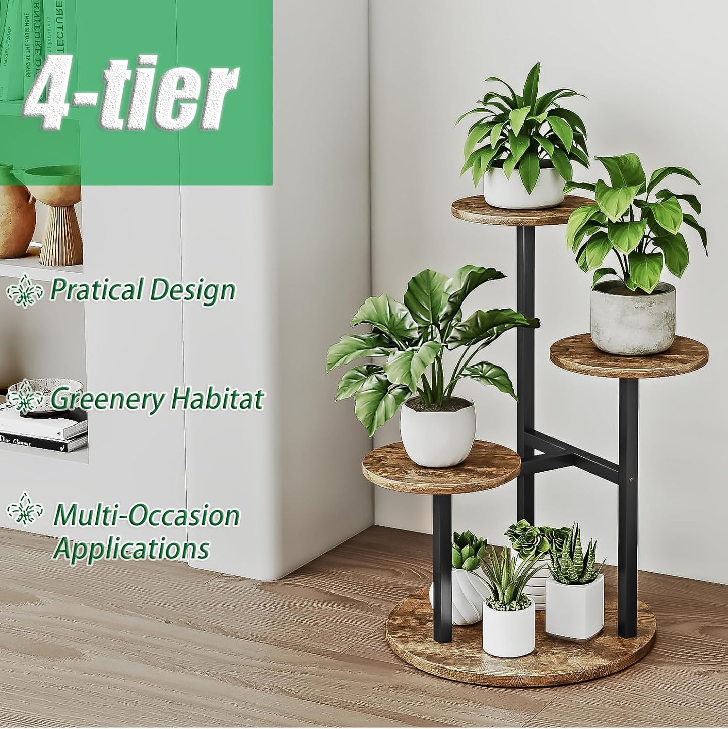 Plant Stand Indoor 4 Tier 5 Potted Multiple Flower Pot Holder for Patio Garden Balcony Living Room Corner (4 Tier Black+Rustic Brown)
