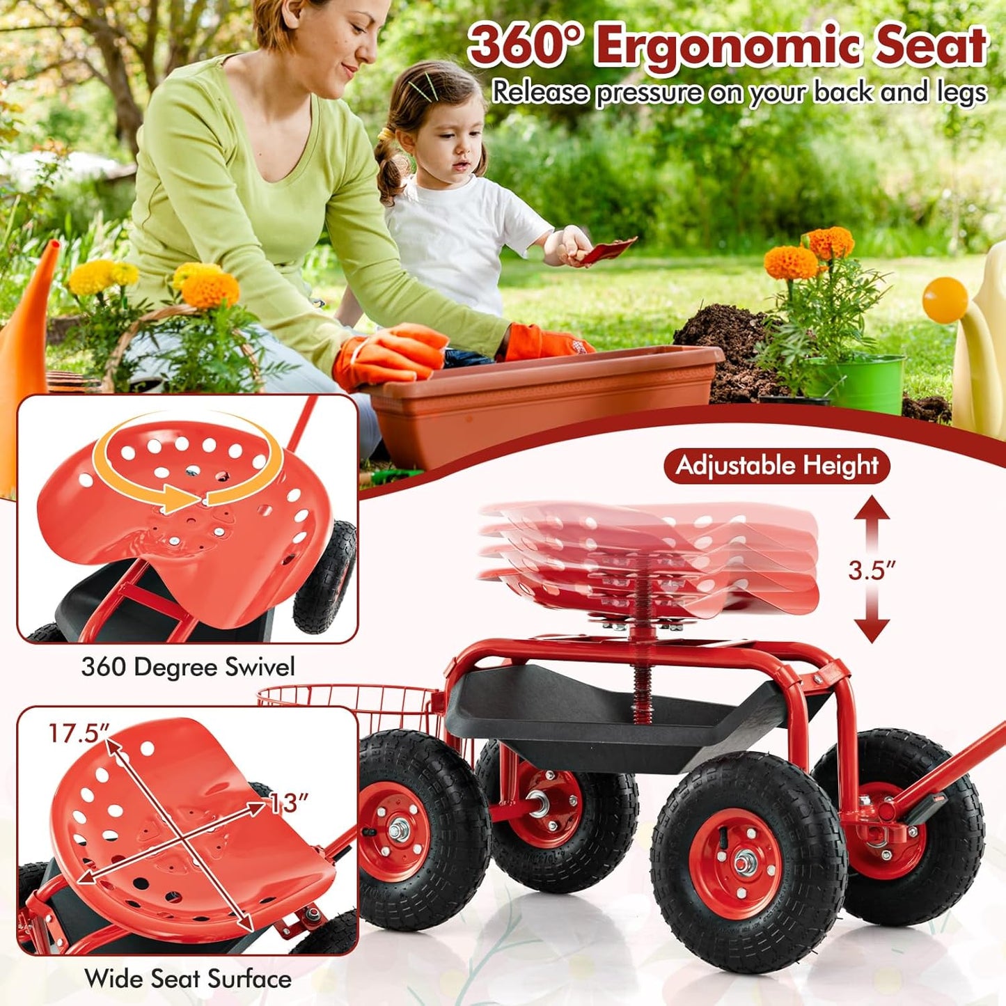 Goplus Rolling Garden Seat with Wheels, Outdoor Gardening Scooter with 360° Swivel Seat, Tool Tray & Basket, Adjustable Steering Handle for Lawn, Gardening Stool, Garden Cart for Planting