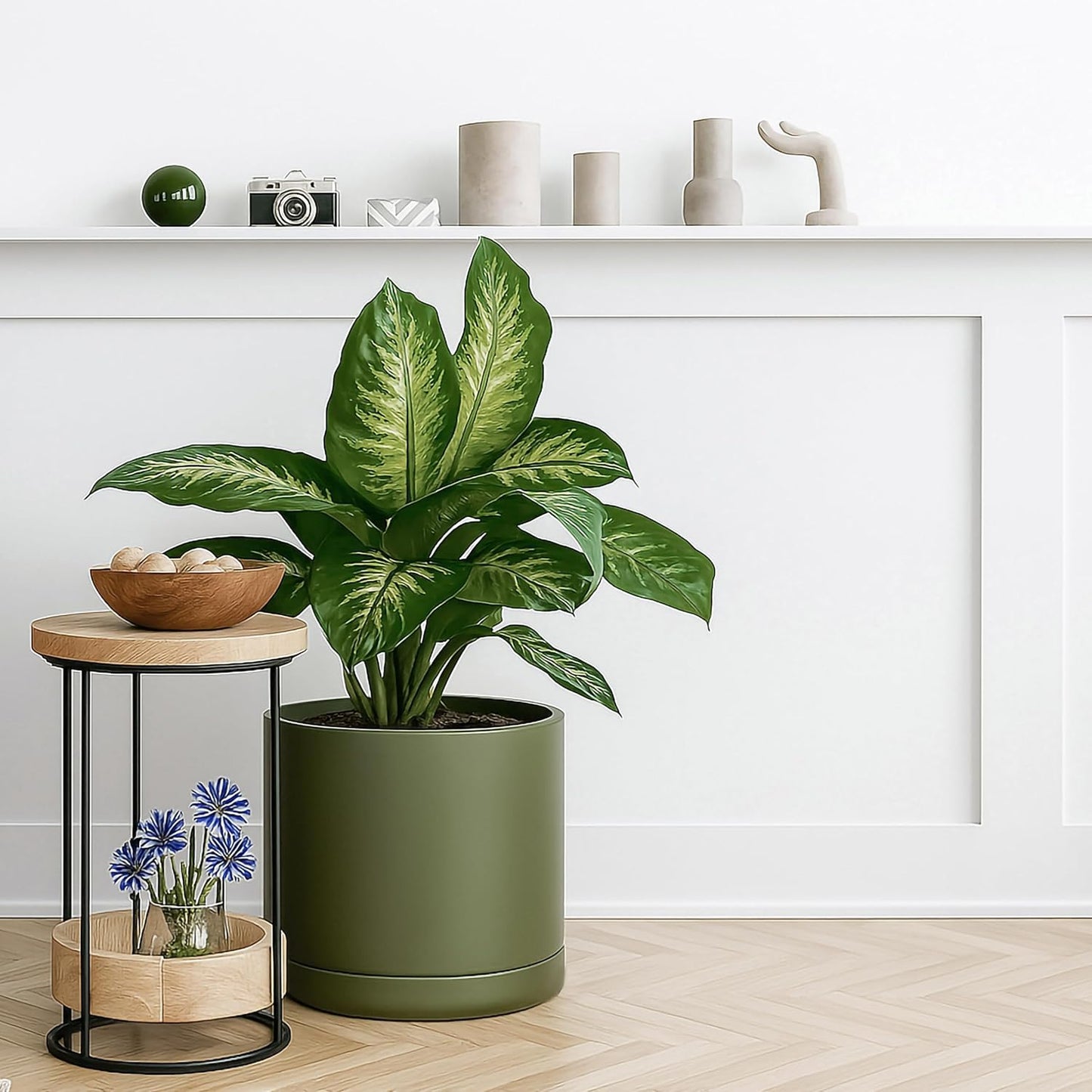 D'vine Dev 12 Inch Ceramic Planter Pot with Drainage Hole and Saucer, Indoor Cylinder Round Planter Pot, Olive, 94-O-F-J