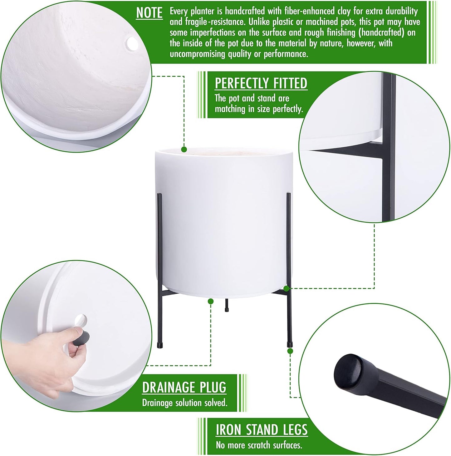 D'vine Dev Modern White Plants Pot Cylinder Planter with Heavy Duty Stand, XX-Large 16 Inch Pot, 22.8 Inch with Stand Height, 96-T-A-5