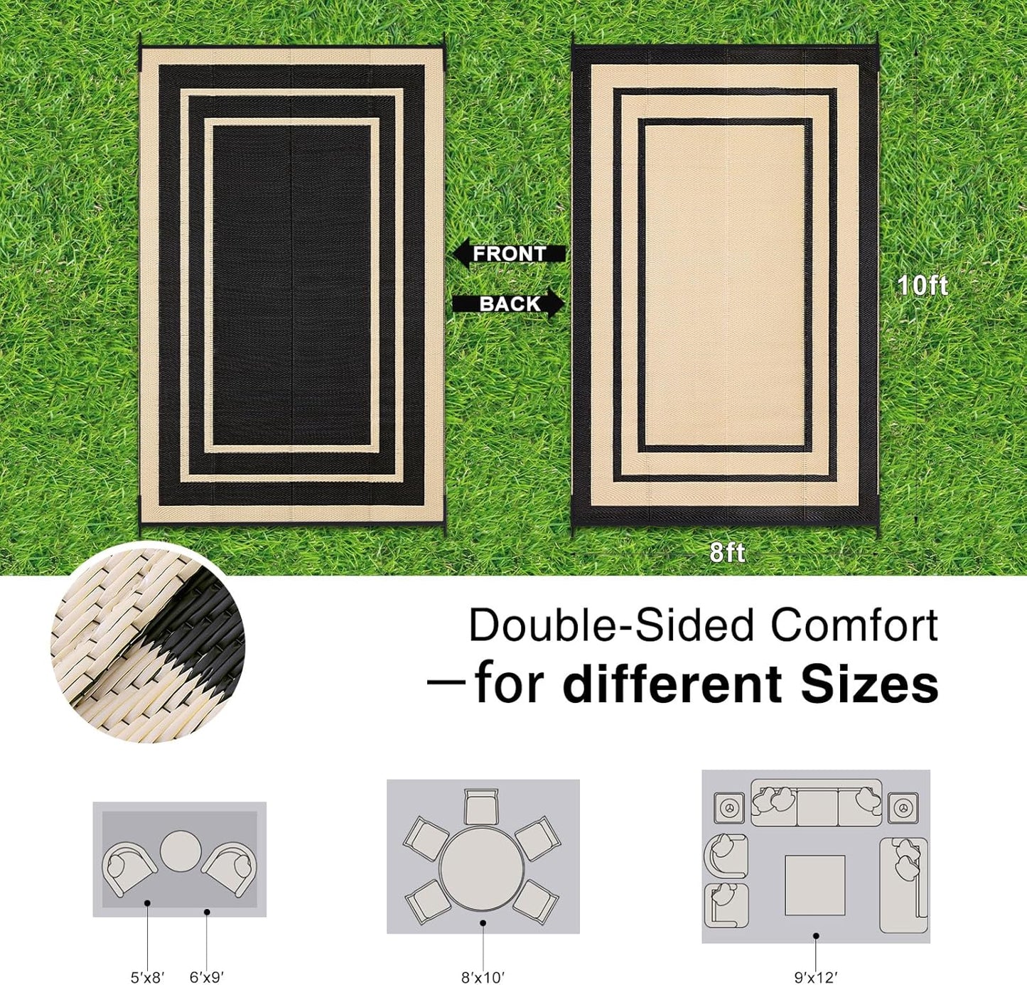 OLANLY Outdoor Rug 8x10 ft Waterproof, Reversible Outdoor Plastic Straw Rug, RV Mat, Indoor Outdoor Carpet Clearance for Patio, Camping, Balcony, Deck, Backyard, Black & Beige