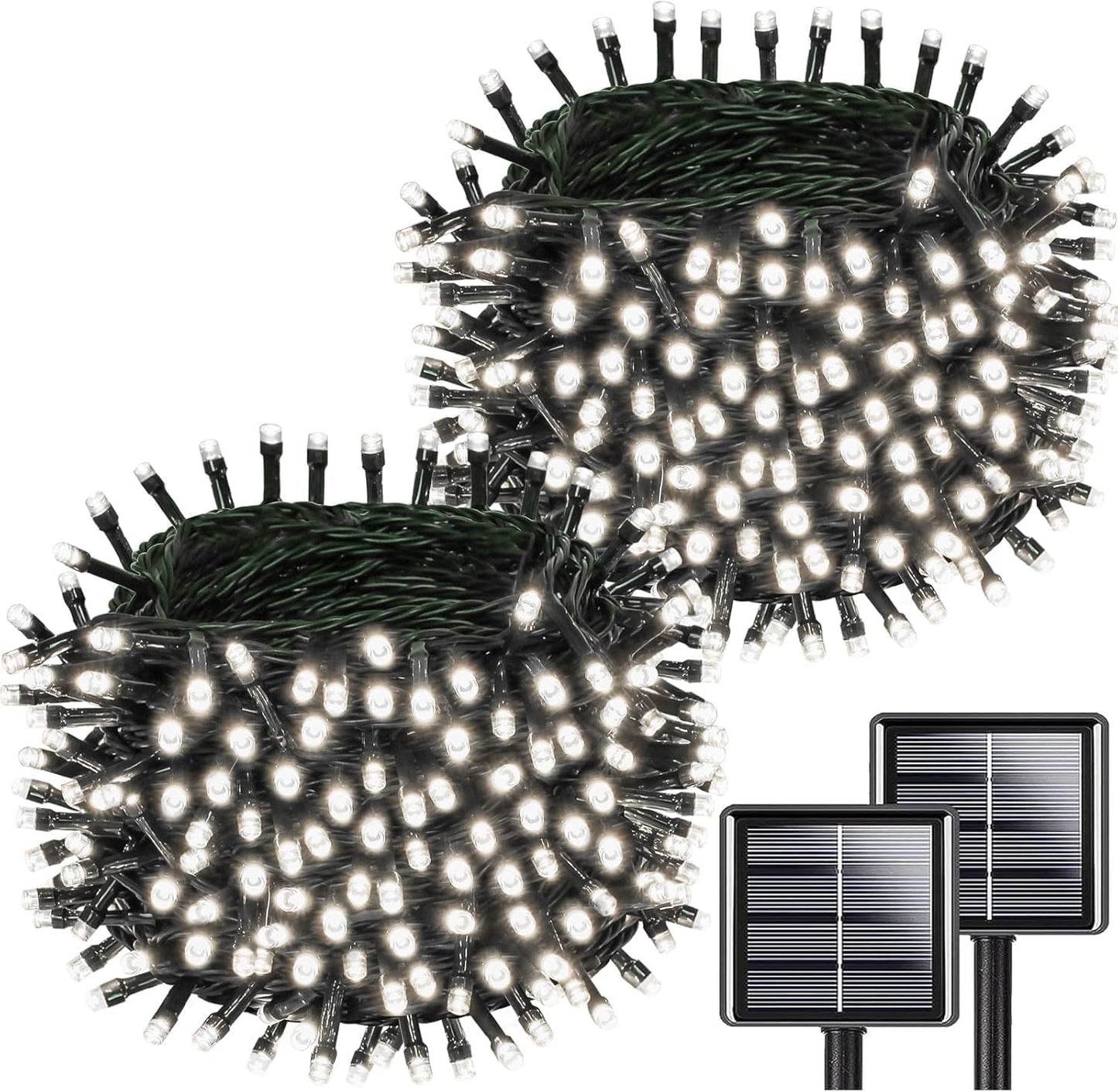 Solar String Lights Outdoor Waterproof 2PK 200LED 66FT Twinkle Lights Auto On/Off Solar Powered LED Fairy Light Green Wire with 8 Modes for Christmas Tree Party Wedding Garden Decoration (Cool White)