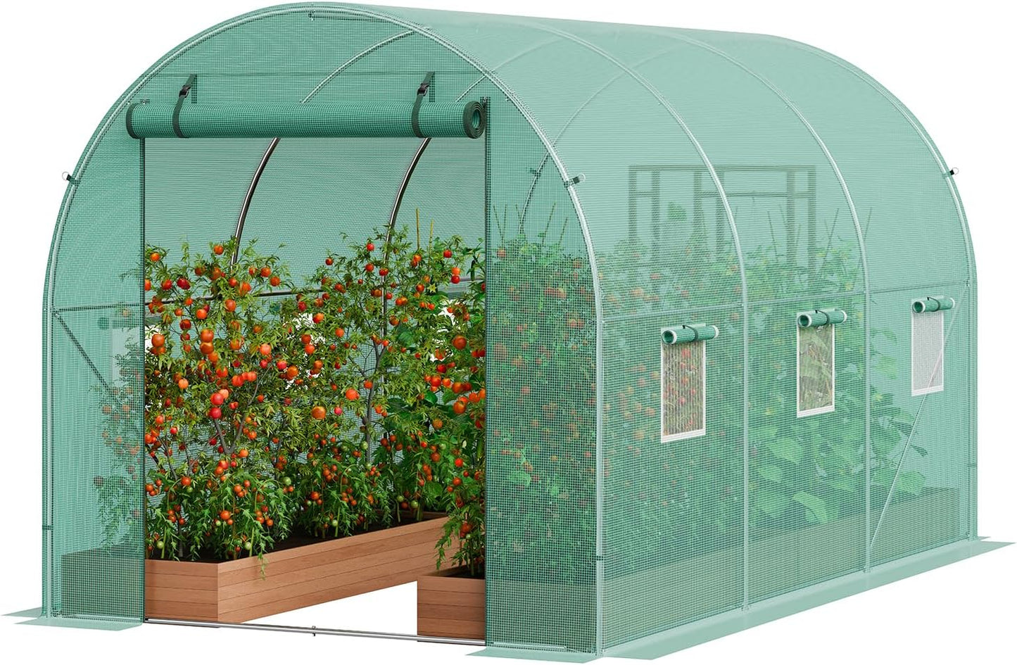 VEVOR Walk-in Tunnel Greenhouse, 9.6x6.4x6.2 ft Hoop House Greenhouse Tunnel, Plant Hot House with Galvanized Steel Frame, Green PE Cover, Roll-up Zipper Door and 6 Windows for Outdoor
