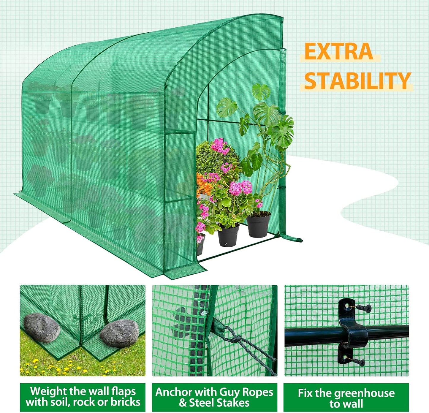 EAGLE PEAK 3 Tier Lean to Portable Greenhouse, Heavy-Duty Indoor & Outdoor Garden with Wire Shelves, 2 Roll-Up Zipper Doors, Easy Assembly, 120"x60"x84" Clear/Green PE Cover