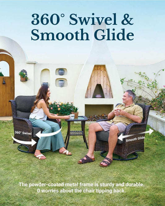 HILLGA Luxury Patio Furniture Set with 6-Inch Thick Cushions, High Back Outdoor Swivel Rocker Chairs and Table, 3-Piece All Weather Conversation Set for Porch Deck Balcony Yard, Dark Grey (V3)