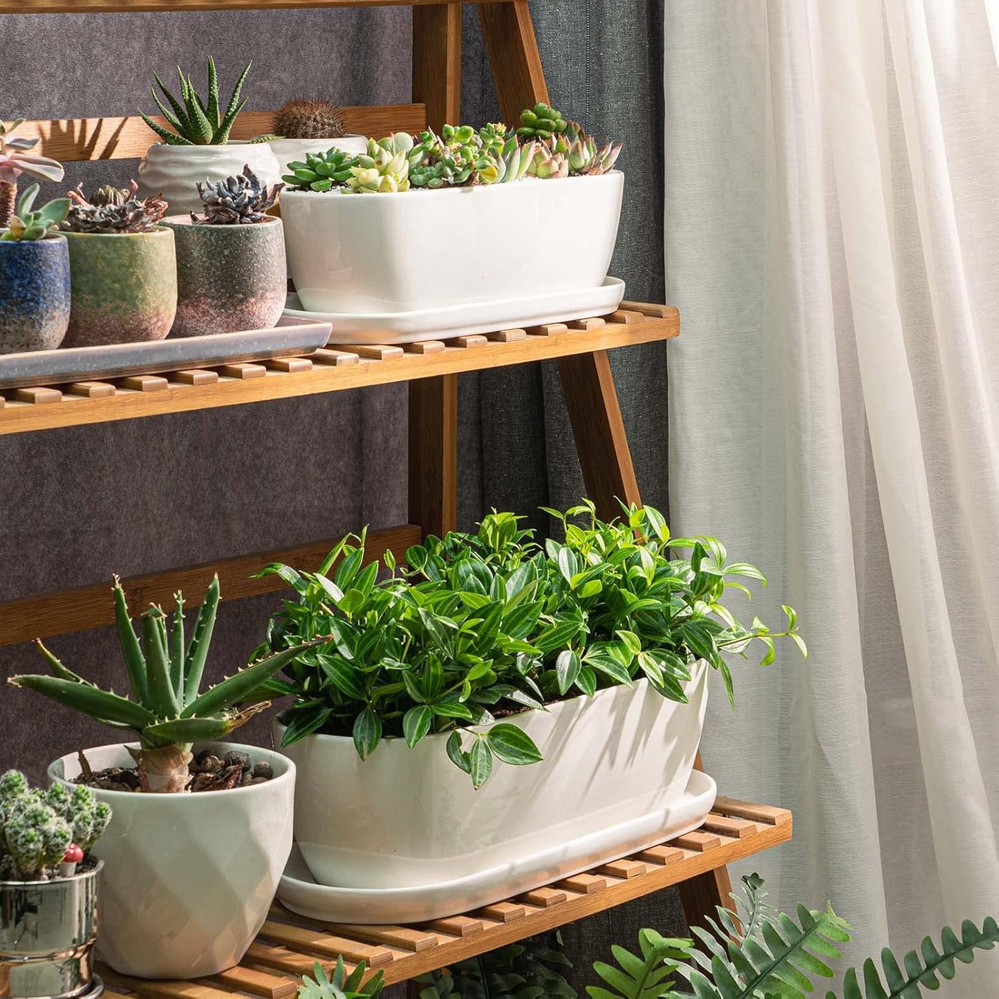 E-liu Ceramic Plant Pots, 11+14 inch, Set of 2, Planters with Drainage Holes Saucers and Mesh Pads, Indoor Flower Succulent Pot with Hole Mesh Pad, Gifts for Mom, Plants Not Included