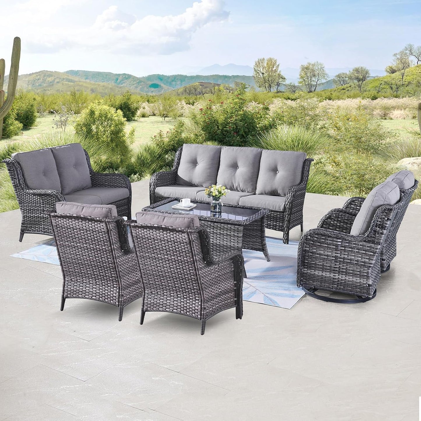 Outdoor Wicker Furniture Patio Set - 7 Piece Backyard Furniture Grey Rattan Conversation Sets with Swivel Rocker Chairs, Rattan Sofa, Club Chairs and Coffee Table, Grey Cushion