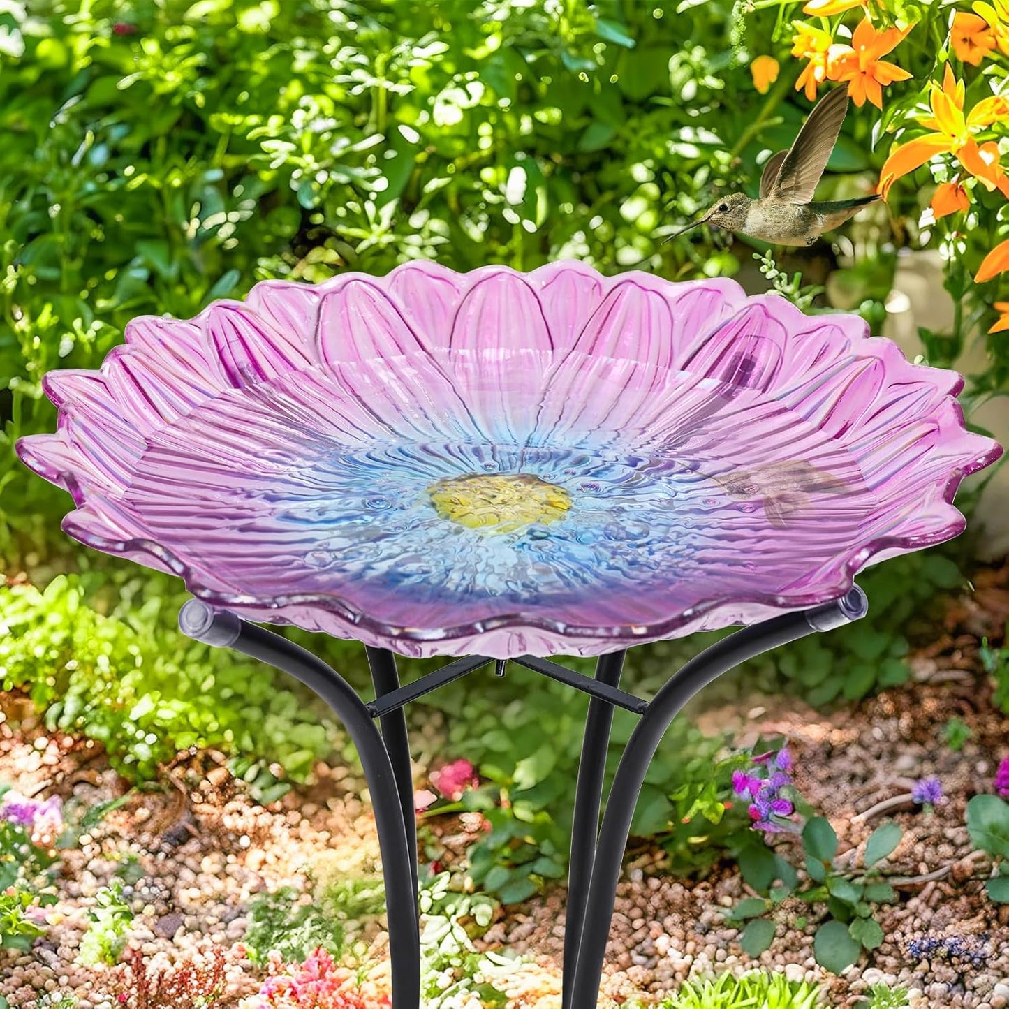 MUMTOP Outdoor Glass Birdbath with Metal Stand for Outside Yard Garden Decor, 18 inch Diameter Pink Bird Baths Bowl for Outdoors, 21 inch Height