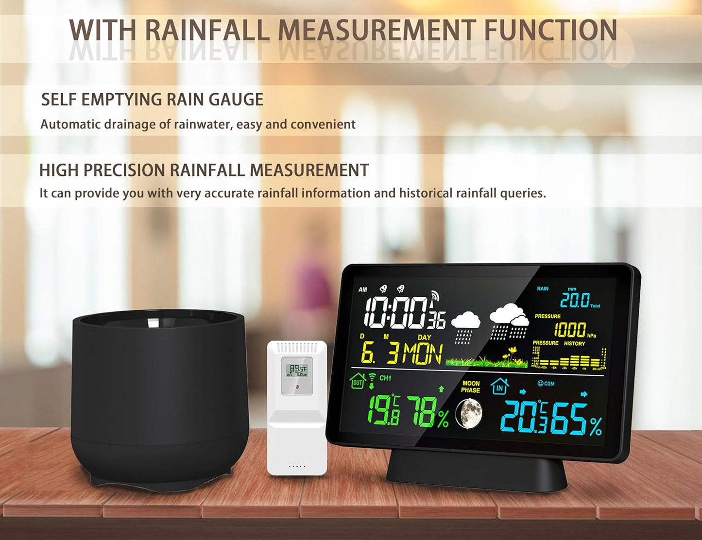BIUWING Wireless Rain Gauge and Weather Station, Digital Rain Gauge Outdoor Home Weather Stations with Thermometer, Hygrometer, Atomic Clock, Forecast and Barometer, Weather Station with Rain Gauges