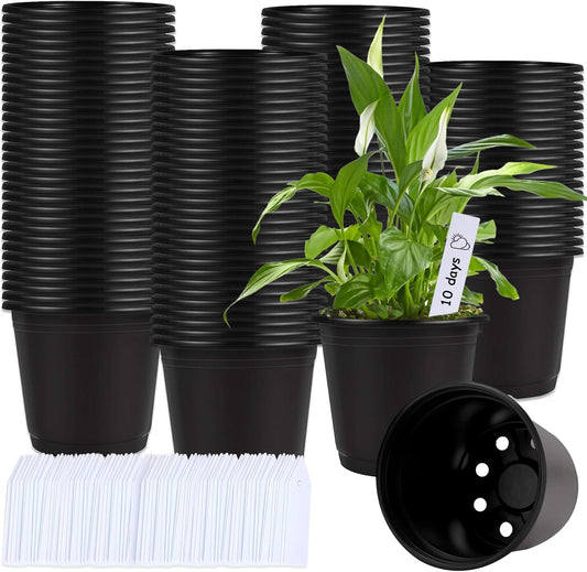 Augshy 110 Pcs 0.5 Gallon Black Plastic Plant Nursery Pots 6 Inches Seed Starting Pots Containers with 110 Labels