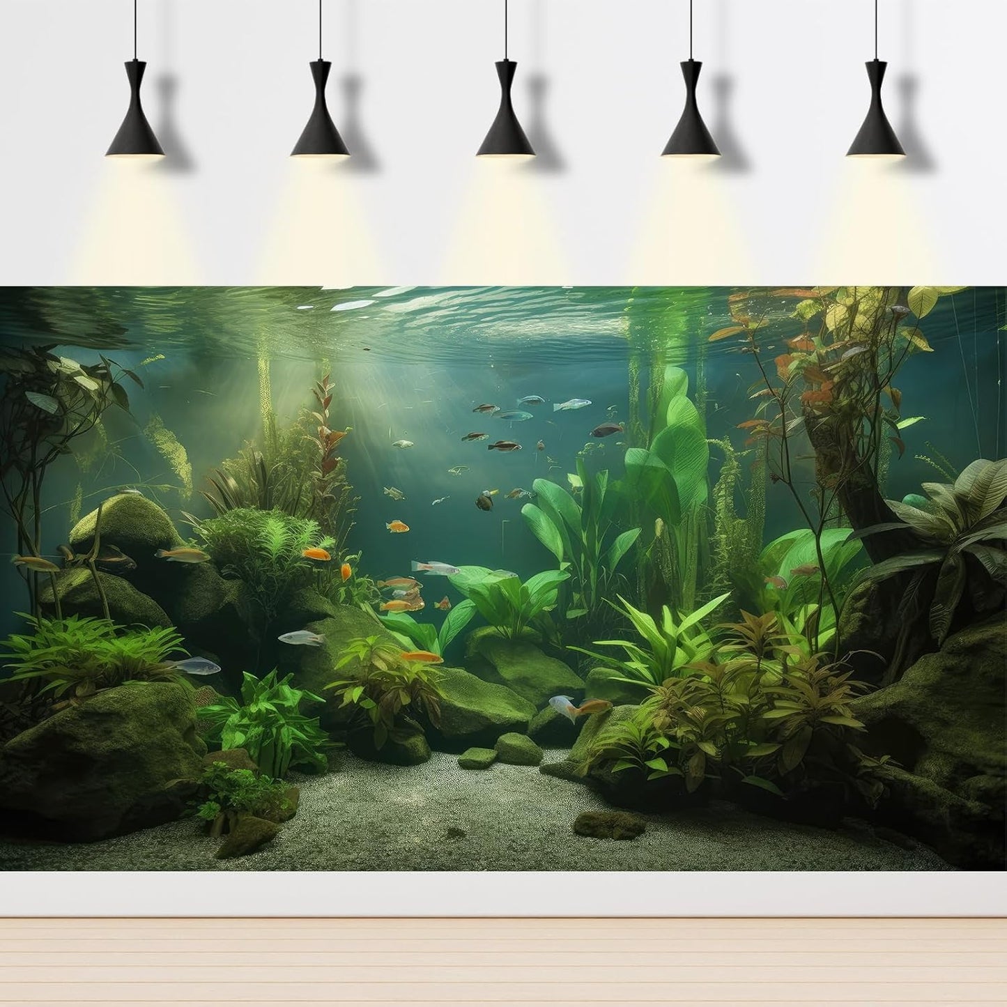 Under The Sea Aquarium Background Underwater Aquatic Plants Fish Tank Background Tropical Fish Rock with Moss Terrarium Background Undersea Green Grass with Sunbeams Terrarium Background 30x12in
