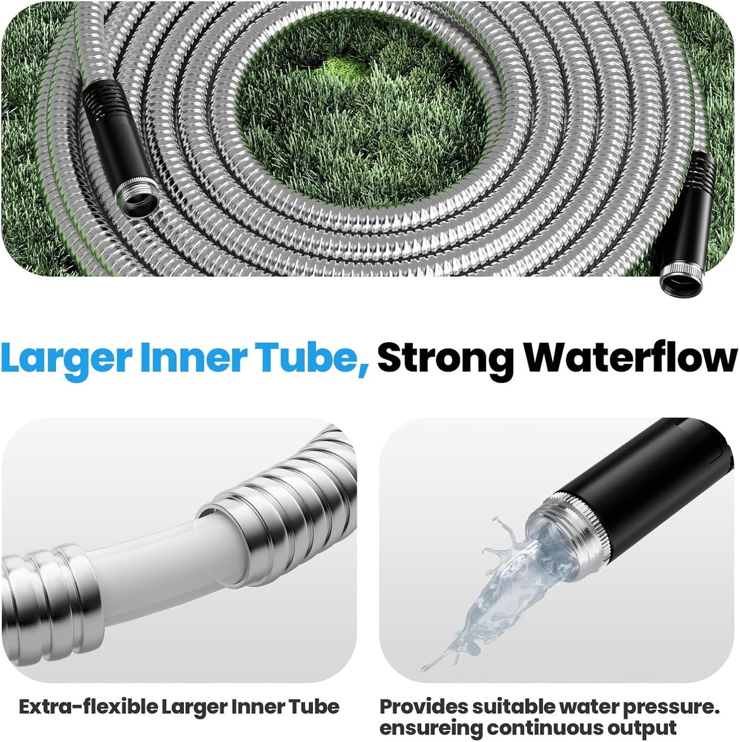 Garden Hose Metal 15 FT, Flexible Stainless Steel Water Hose, Kink Free, Connectable Short Hose, Lightweight & Durable, Crush Resistant Fitting, Puncture Proof Hose for Yard, Rv, 600 PSI 2025 New
