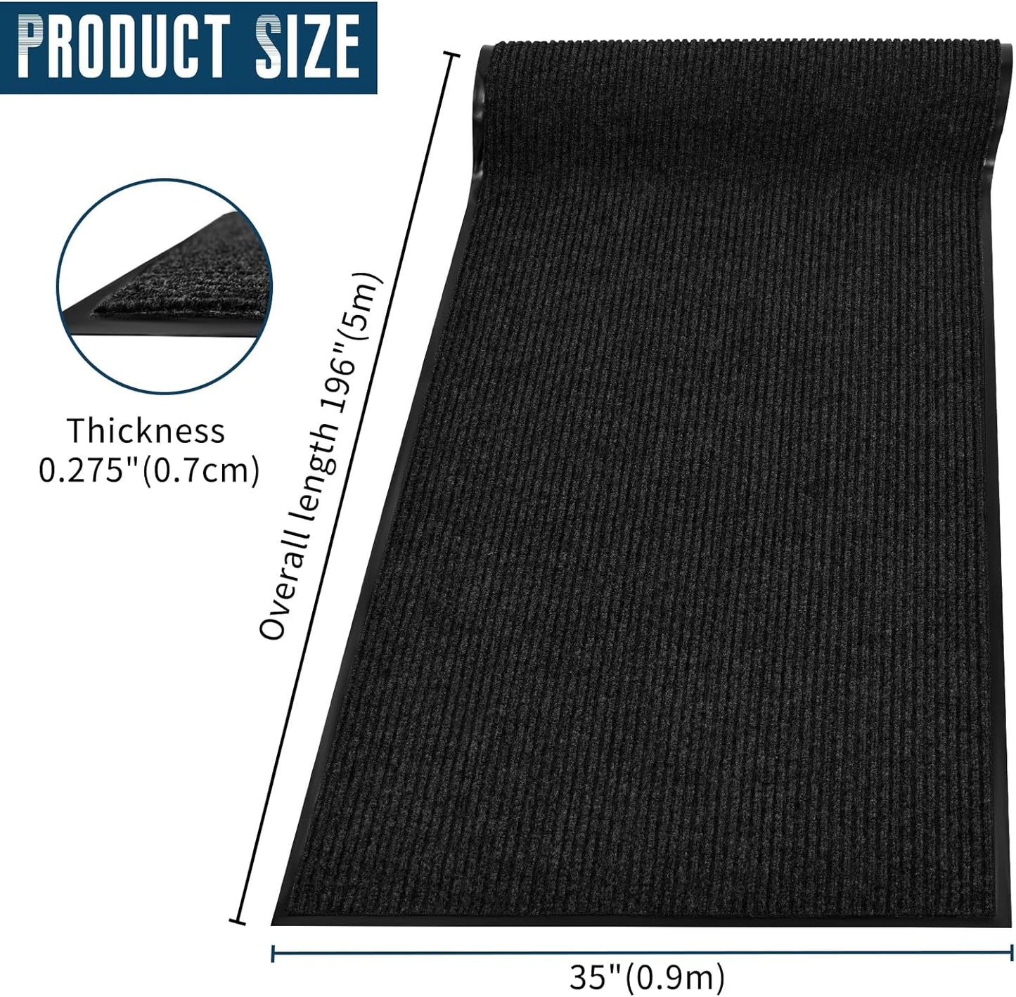 Rubber Door Mat About W3' ×L16' Heavy Duty Large Outdoor Indoor Mat Durable Entrance Doormat Waterproof Rubber Back Rugs for Home Entryway Patio Porch Office Business Areas (Black)