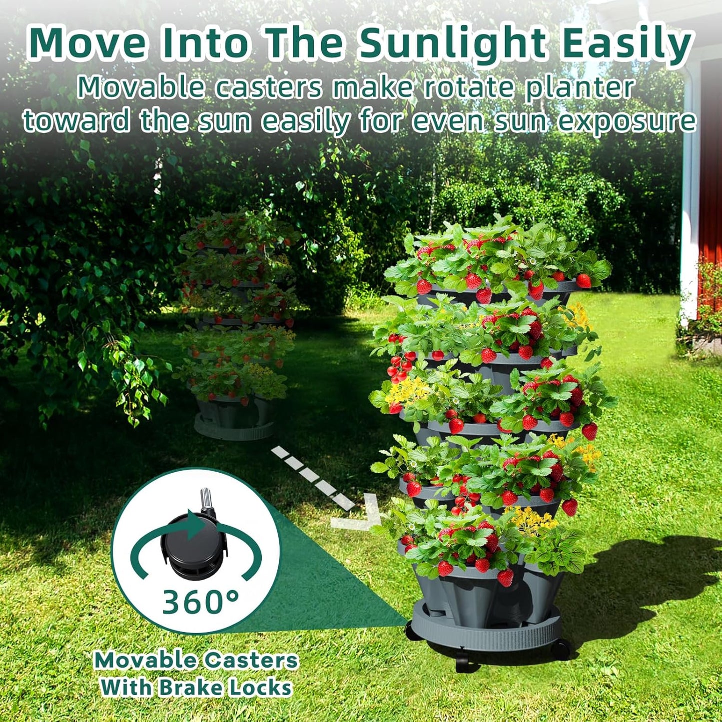 Strawberry Stackable Planters, Vertical Tower Garden, 6 Tiered Stacking Herb Vegetable Planters with Movable Casters and Bottom Saucer Indoor and Outdoor - Dark Grey