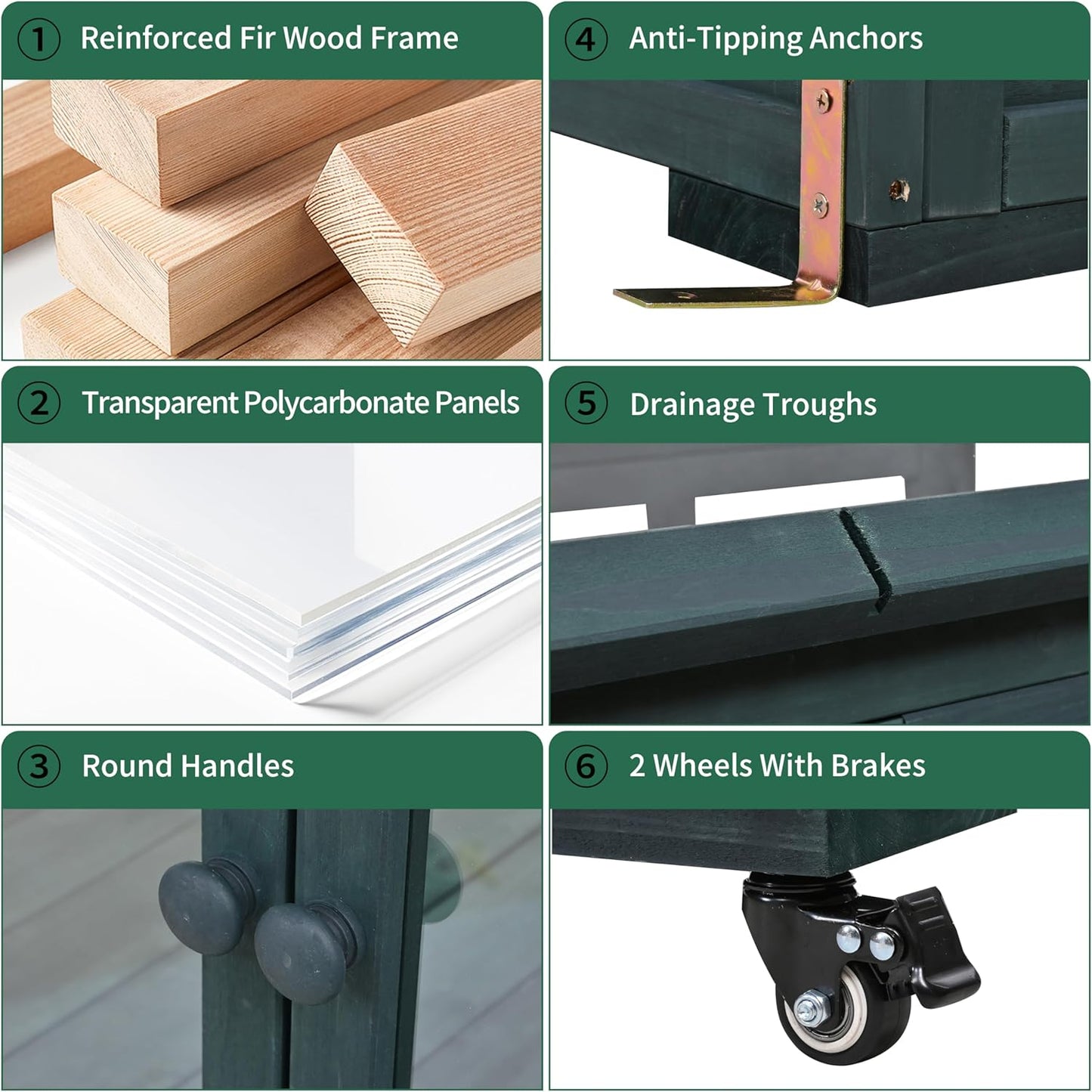 Portable Cold Frame Greenhouse with Wheels , Wooden Mini Greenhouse Cabinet for Gardens & Balconies , Openable Roof Design & Built-in Storage Box ,Easy-to-Move & Durable (Green)