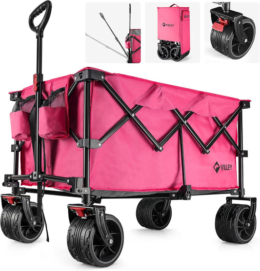 VILLEY Collapsible Folding Wagon with Big Wheels, Enlarged 225lbs Capacity, All Terrain Wagons Carts Heavy Duty Foldable, Portable Utility Garden Cart with 2 Cup Holders and Brake, Pink