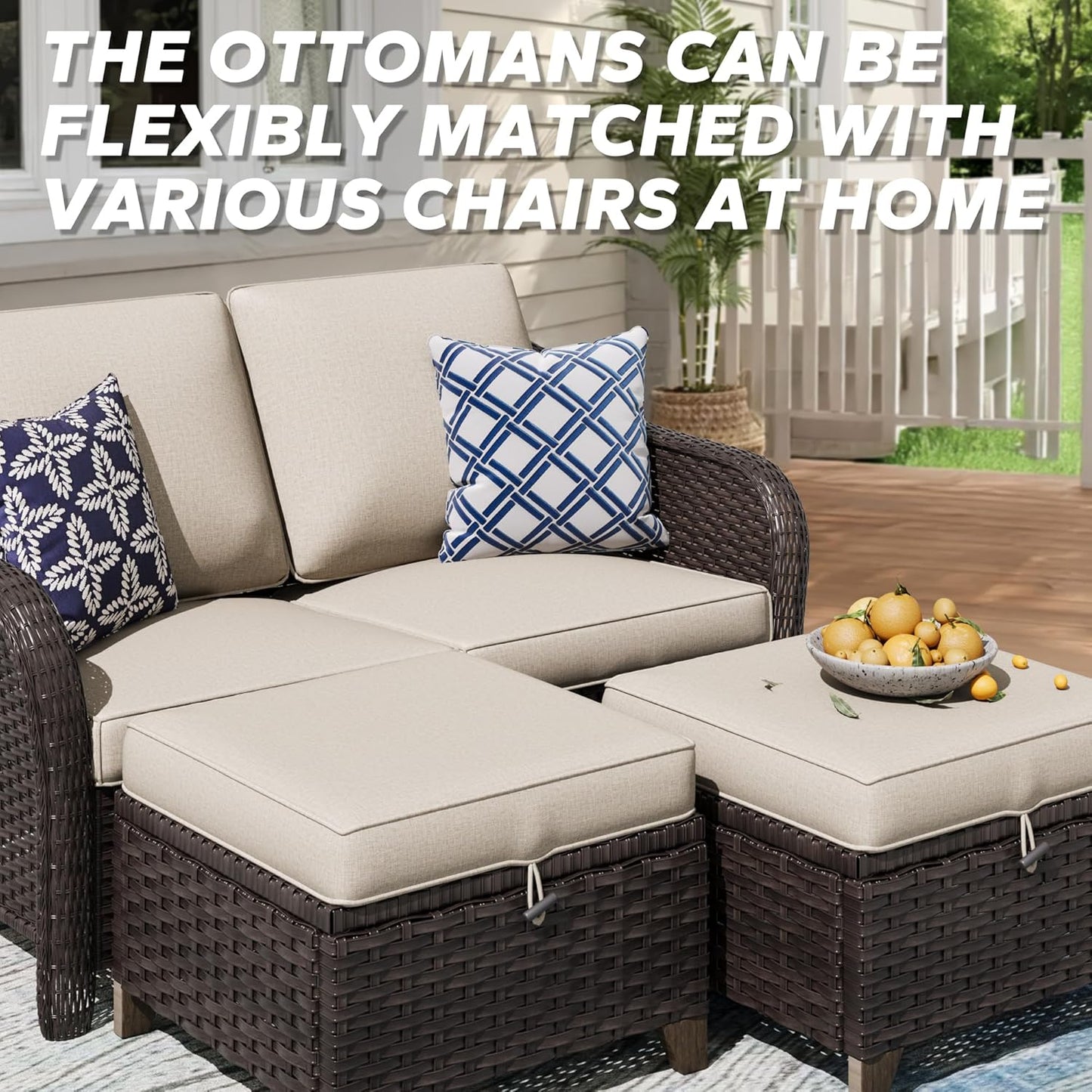 3 Pieces Patio sectional Sofa Set, Outdoor Conversation Furniture Set, 55" Patio Couch with 2 Ottomans, Rattan Wicker Sofa with Removable Cushions for Bistro, Deck (Beige)