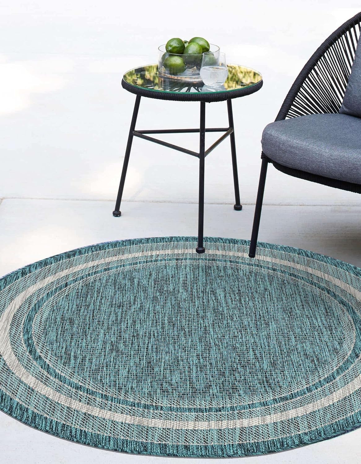 Unique Loom Outdoor Border Collection Area Rug - Soft Border (5' 1" Round, Teal/ Ivory)